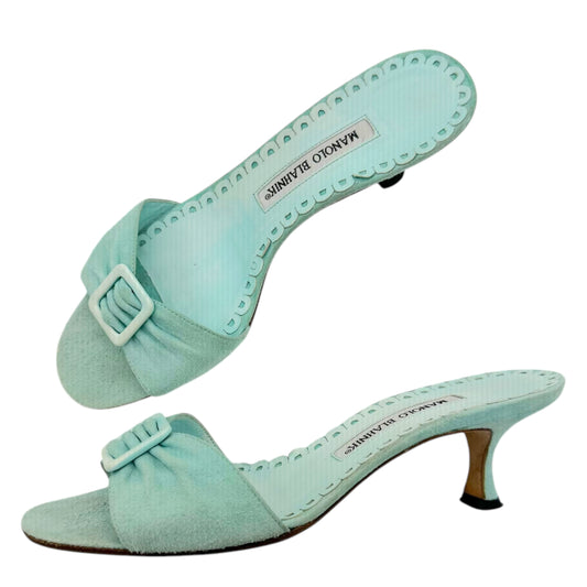 Manolo Blahnik Turquoise Suede Kitten Heel Sandals