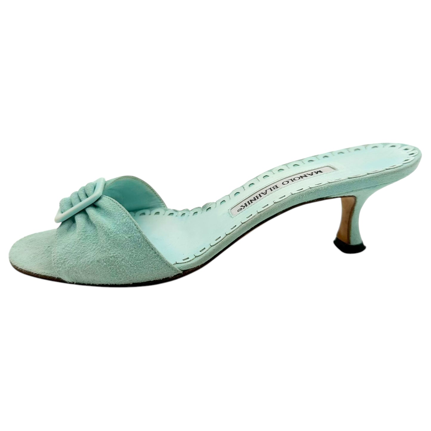 Manolo Blahnik Turquoise Suede Kitten Heel Sandals