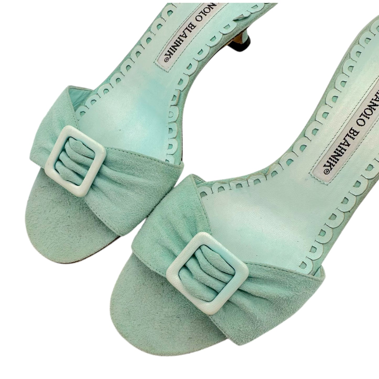 Manolo Blahnik Turquoise Suede Kitten Heel Sandals