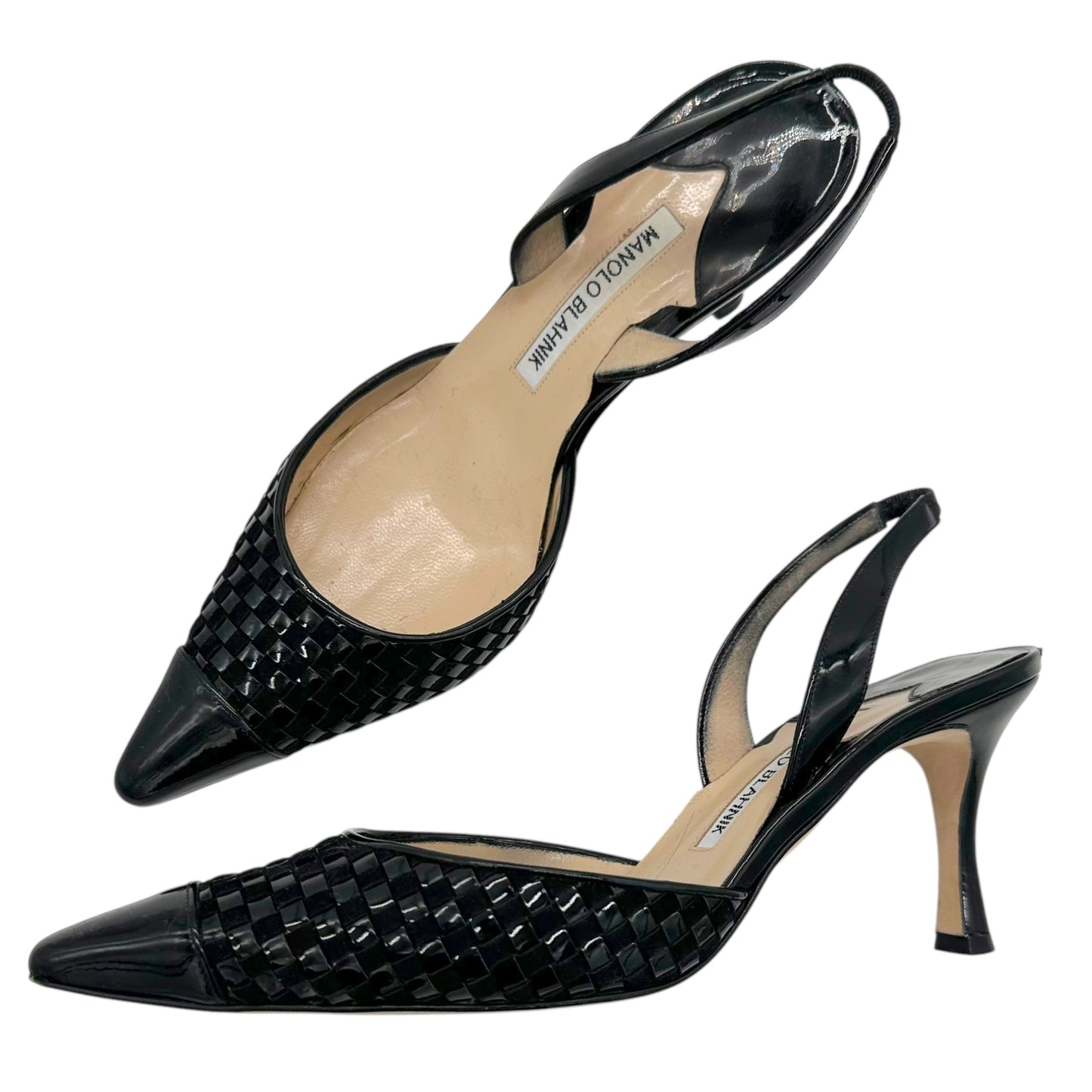 Manolo Blahnik Black Woven Patent Leather Slingback Heels