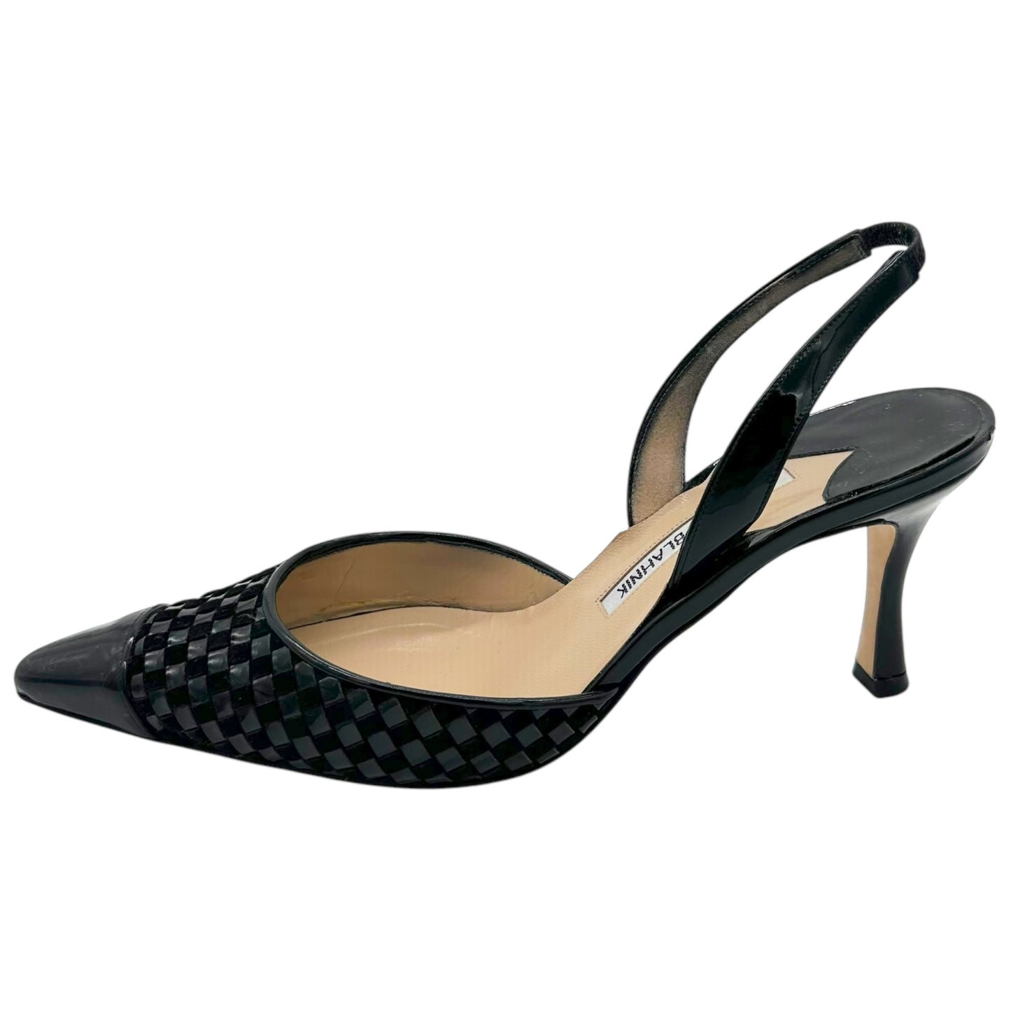 Manolo Blahnik Black Woven Patent Leather Slingback Heels