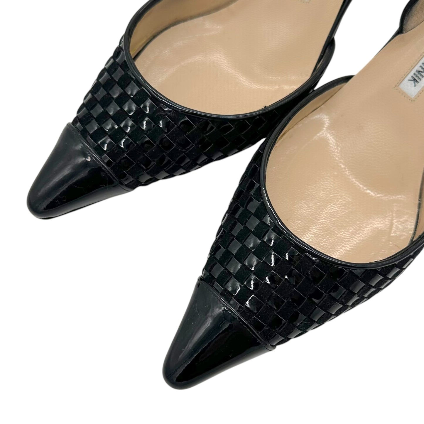 Manolo Blahnik Black Woven Patent Leather Slingback Heels