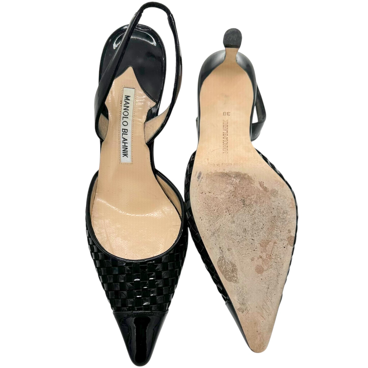 Manolo Blahnik Black Woven Patent Leather Slingback Heels