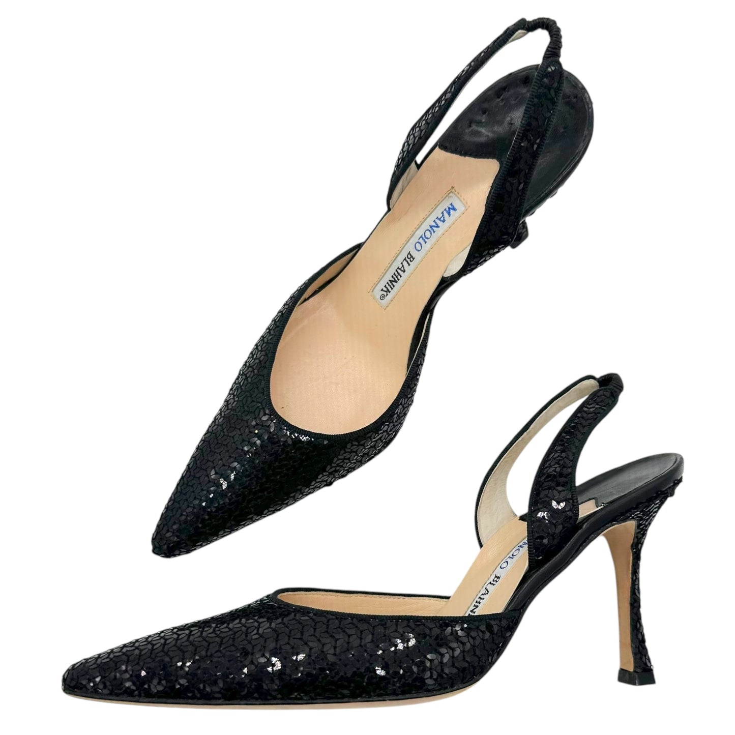 Manolo Blahnik Black Sequin Slingback Heels