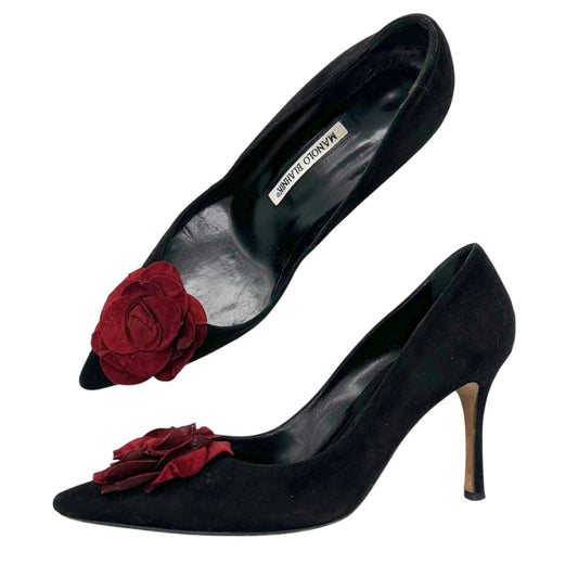 Manolo Blahnik Black & Red Suede Rose Pointed Toe Heels