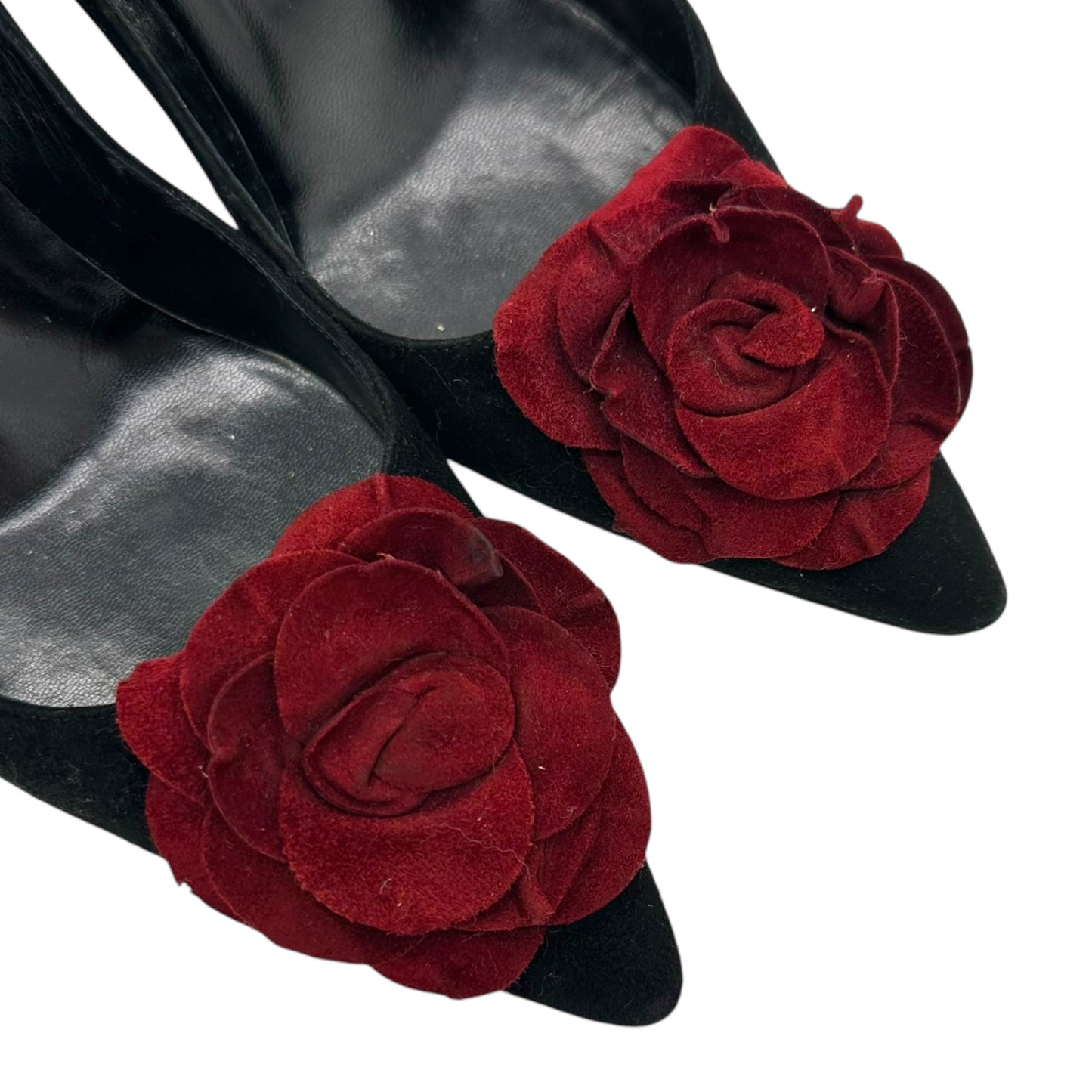 Manolo Blahnik Black & Red Suede Rose Pointed Toe Heels