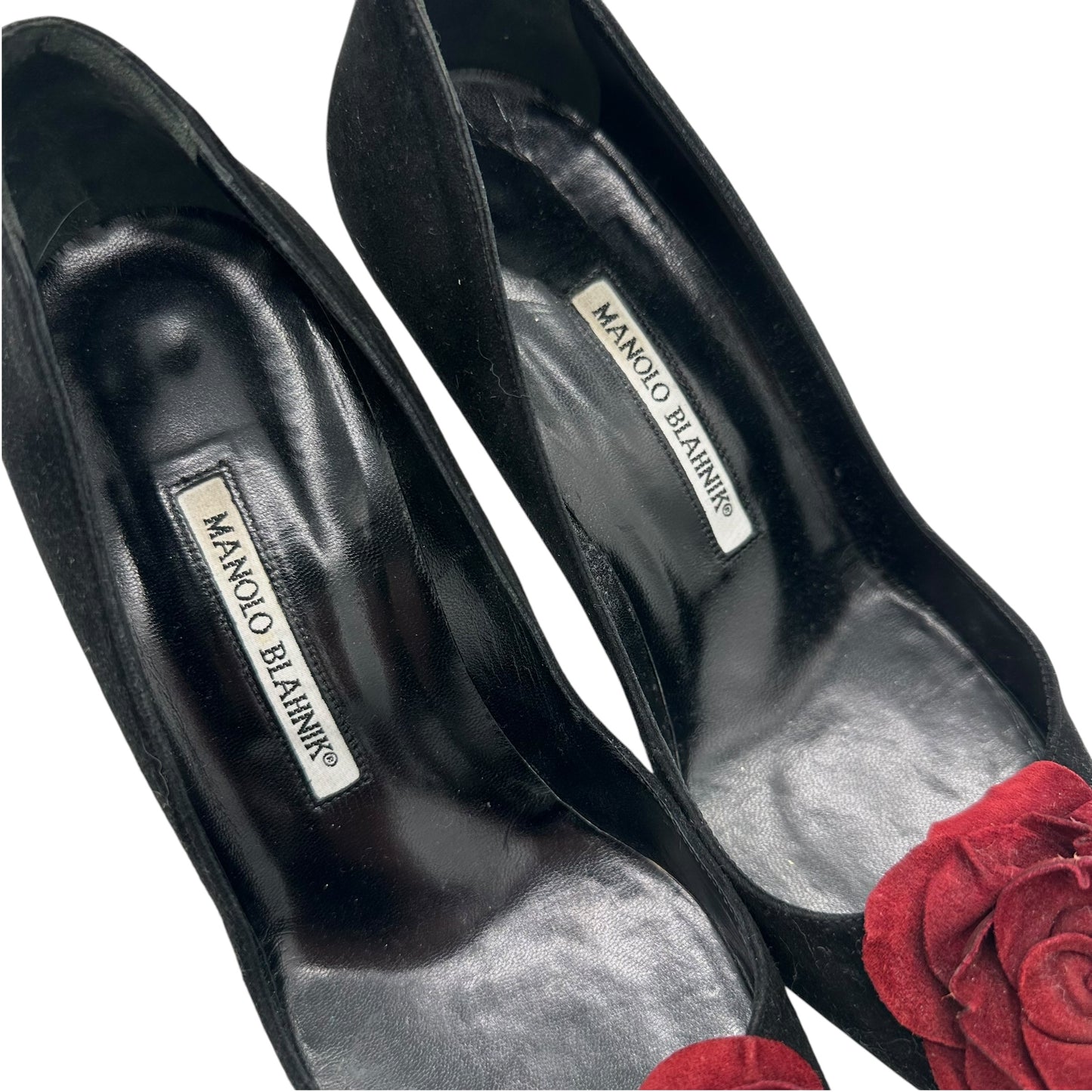 Manolo Blahnik Black & Red Suede Rose Pointed Toe Heels