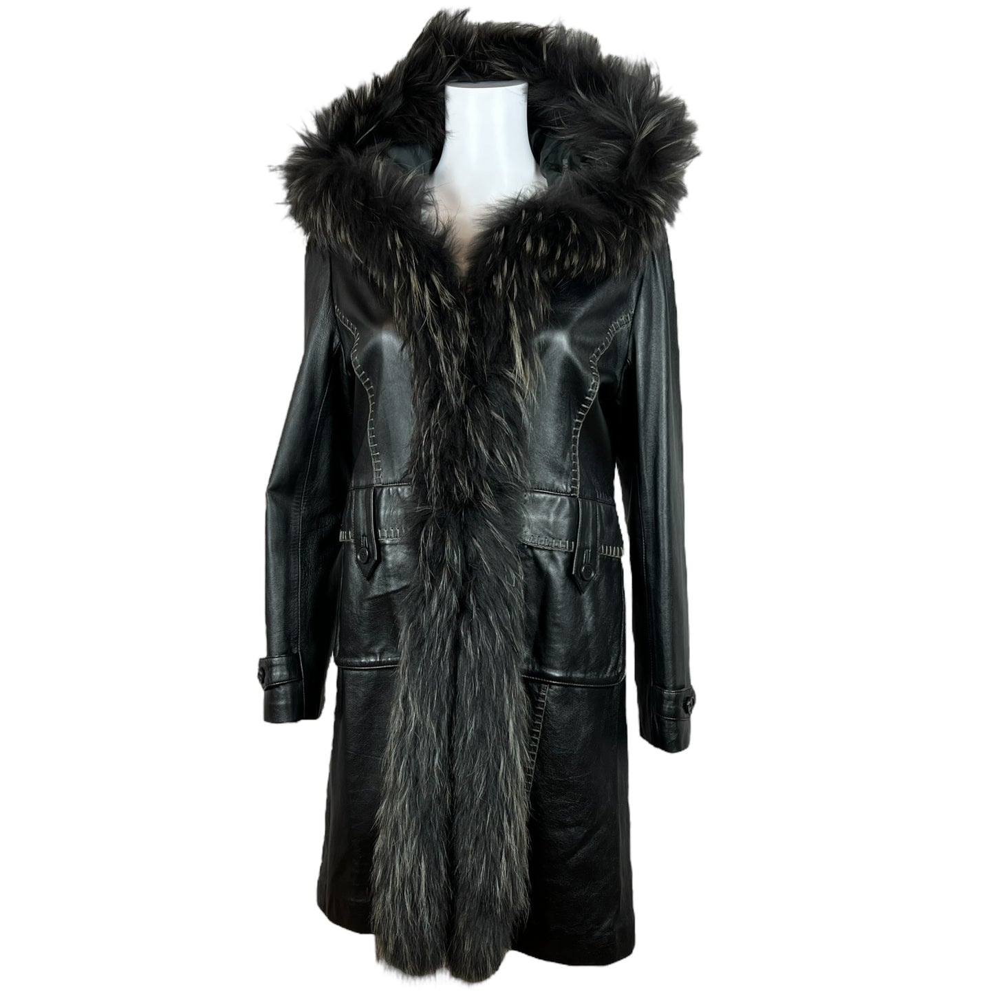 Balmain Black Leather Longline Coat With Fur Trim