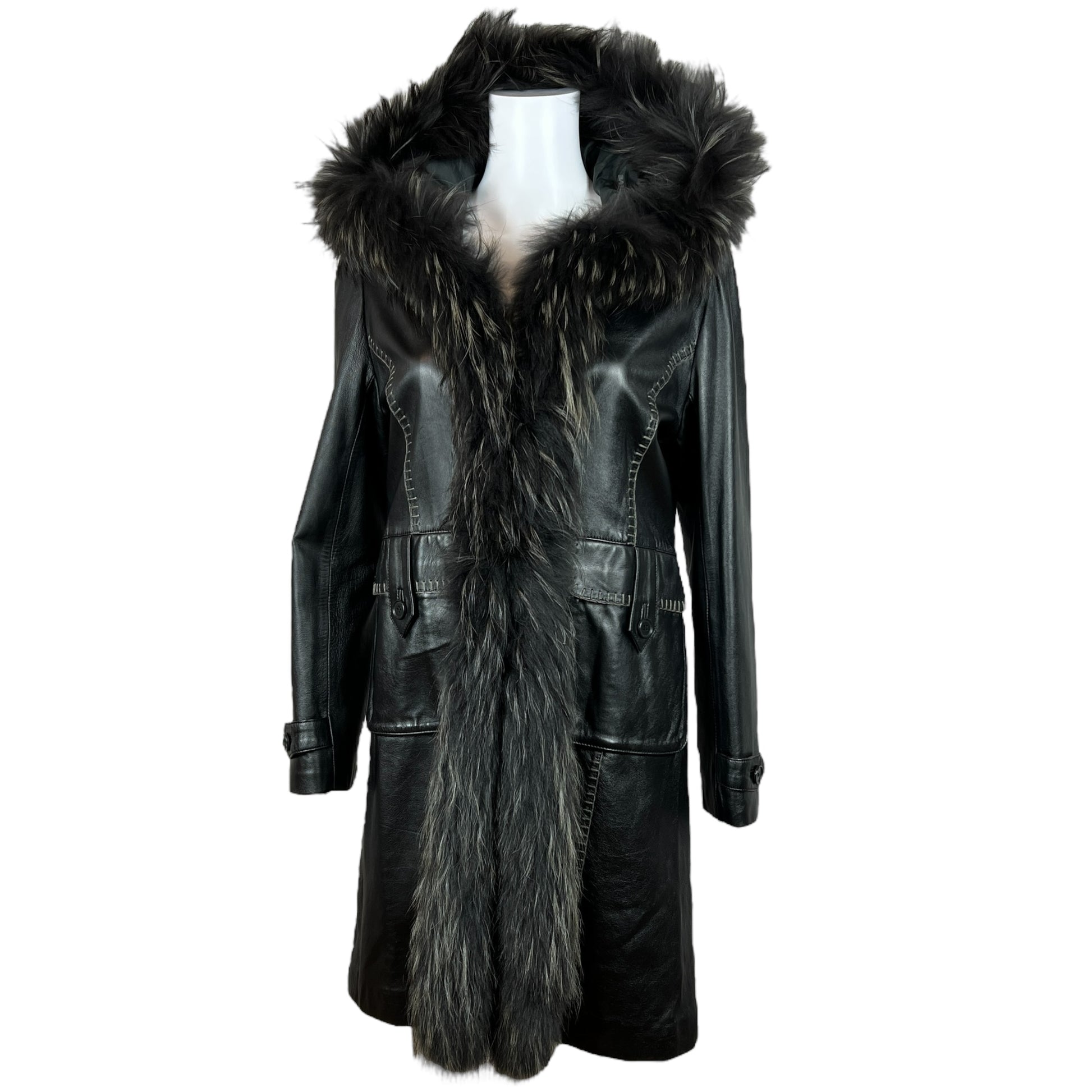Balmain Black Leather Longline Coat With Fur Trim