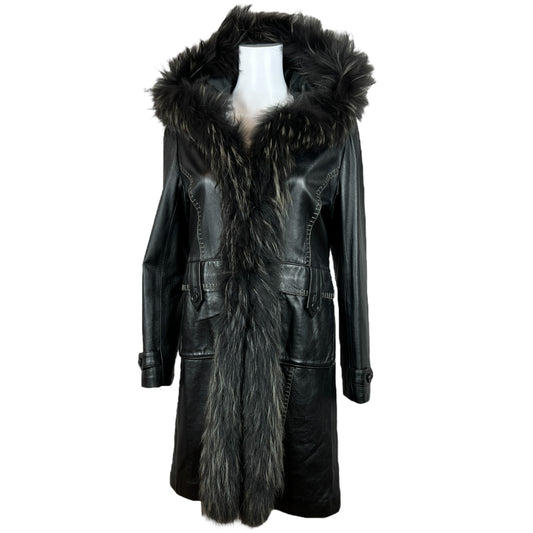 Balmain Black Leather Longline Coat With Fur Trim