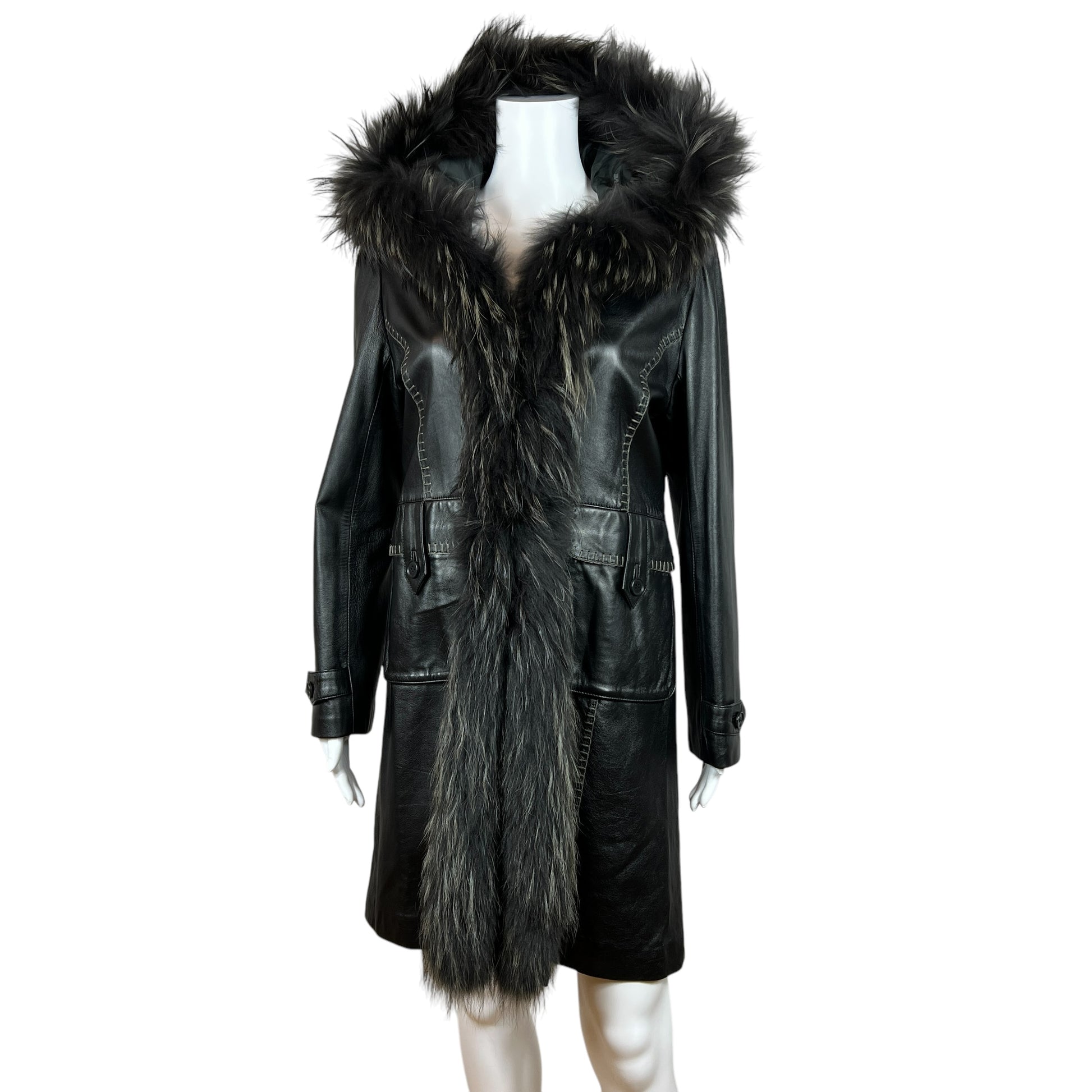 Balmain Black Leather Longline Coat With Fur Trim