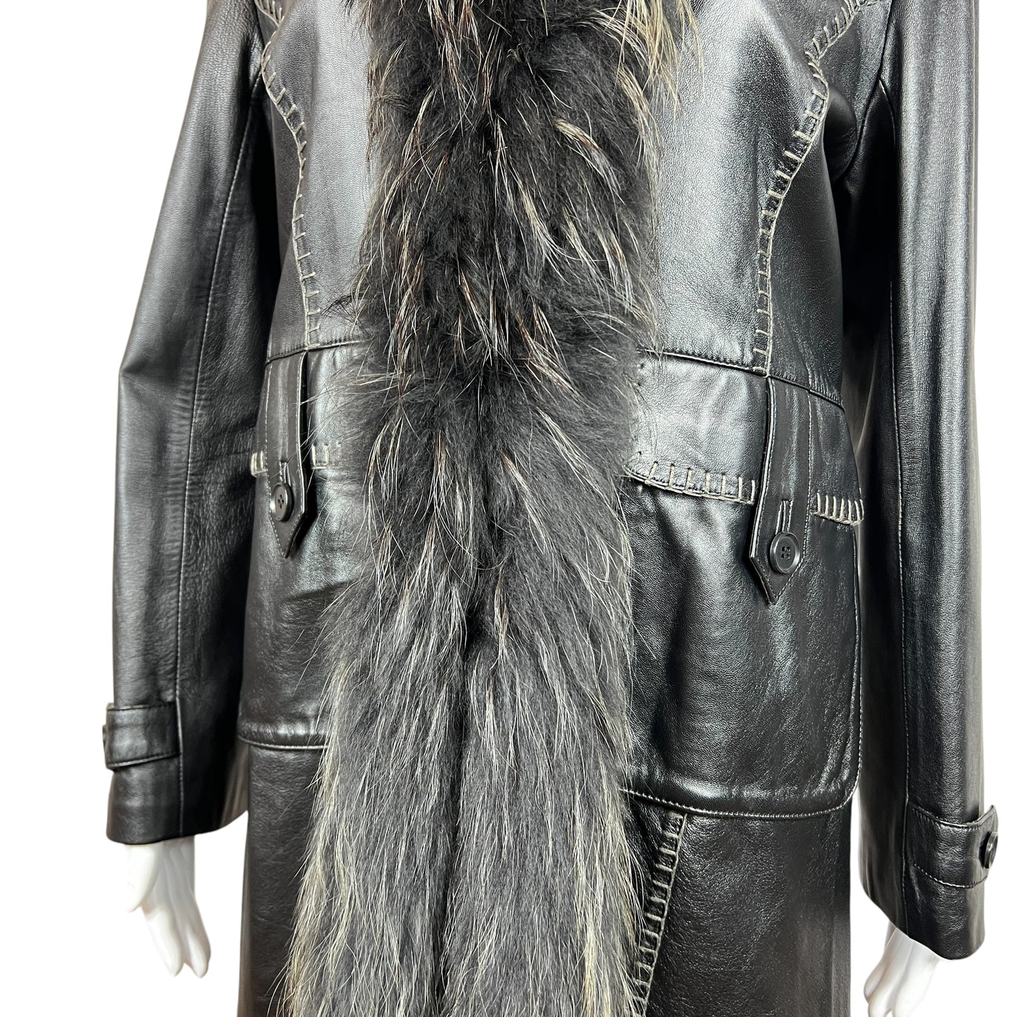 Balmain Black Leather Longline Coat With Fur Trim