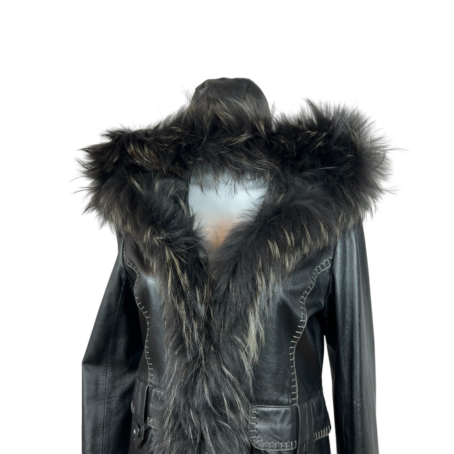 Balmain Black Leather Longline Coat With Fur Trim