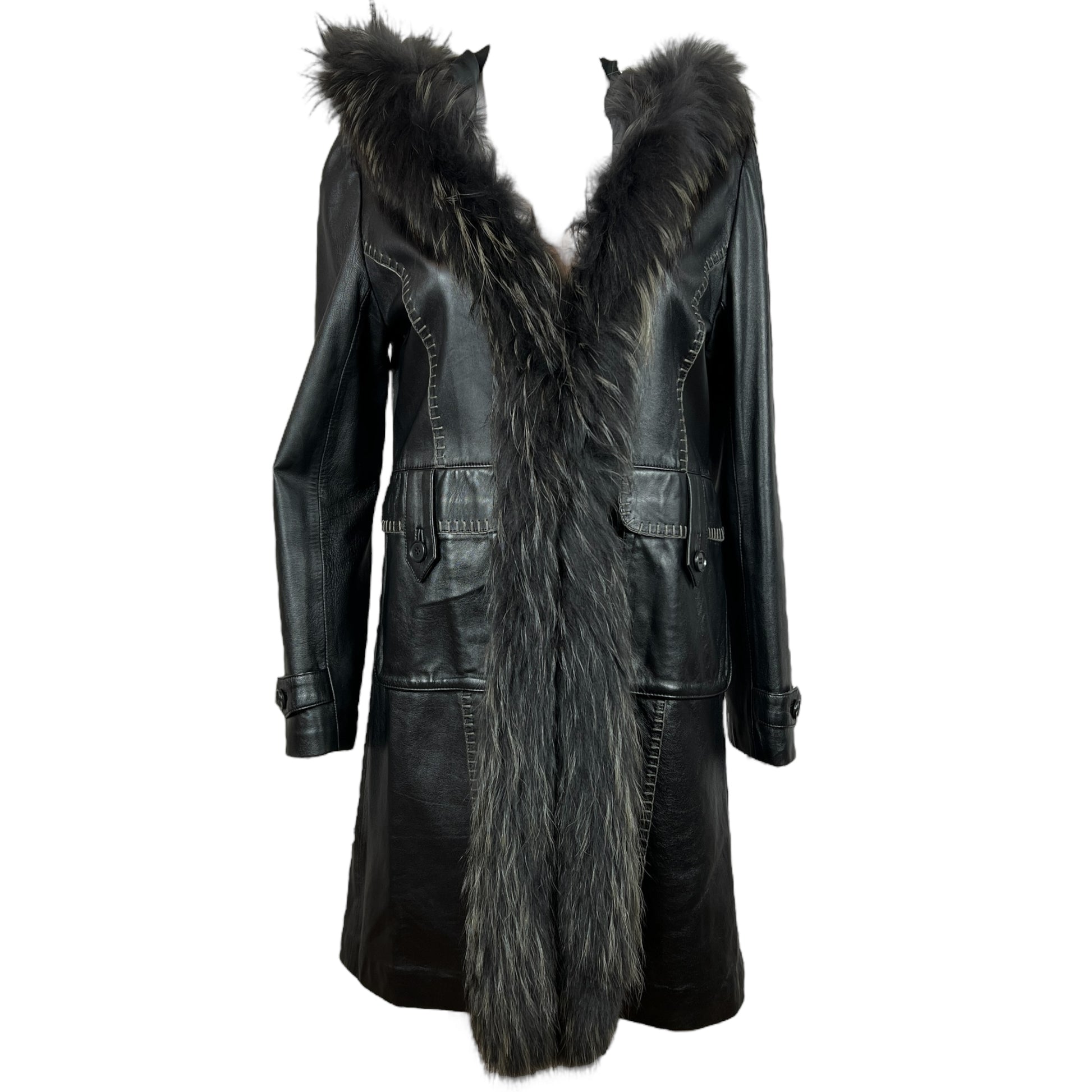 Balmain Black Leather Longline Coat With Fur Trim
