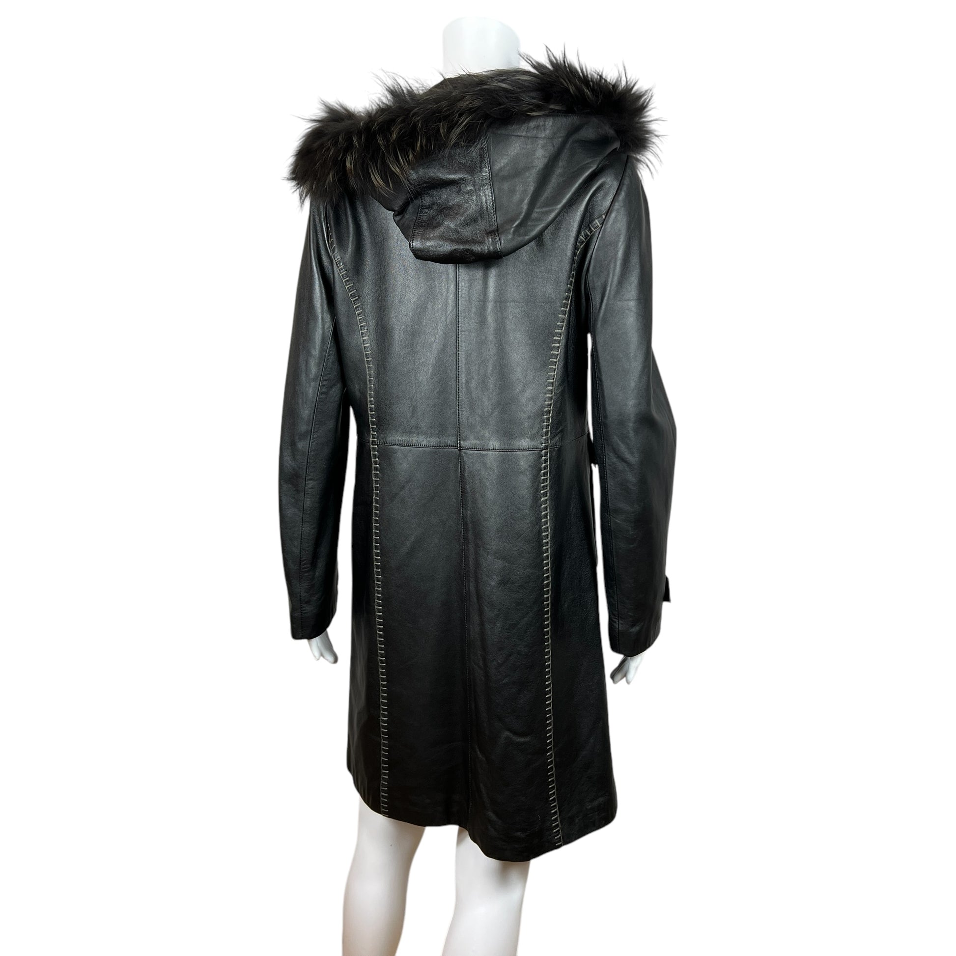 Balmain Black Leather Longline Coat With Fur Trim