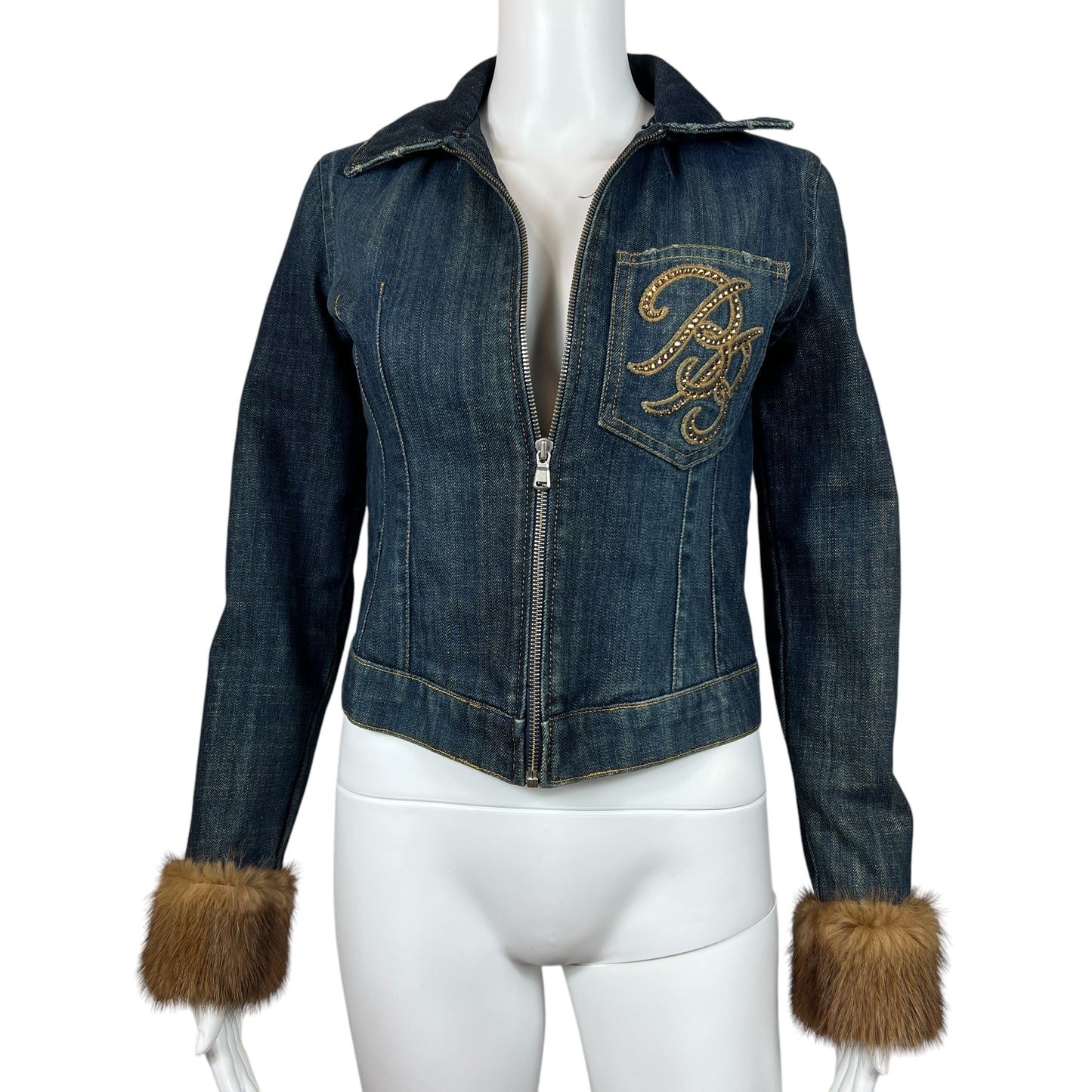 Blumarine Fur Trim Cropped Denim Jacket