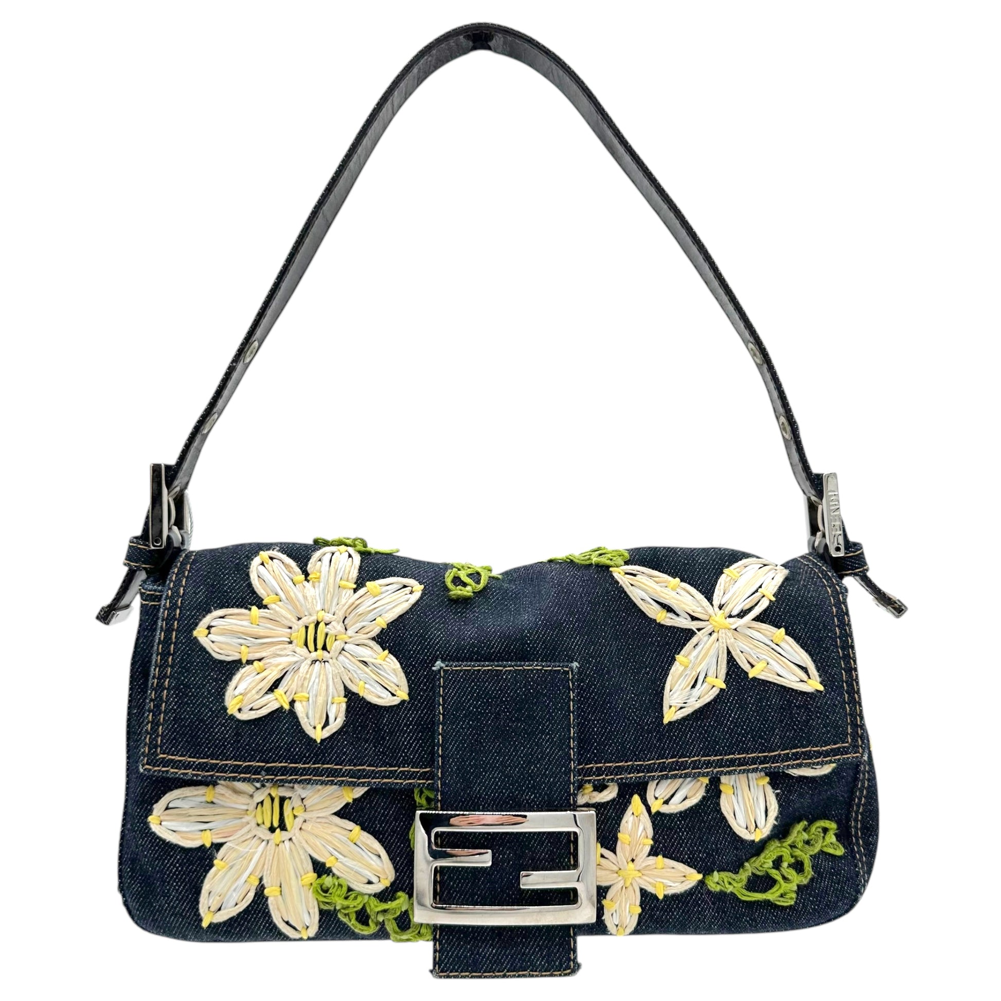 Fendi Raffia Floral Embroidered Denim Baguette Bag - Outfit Repeater