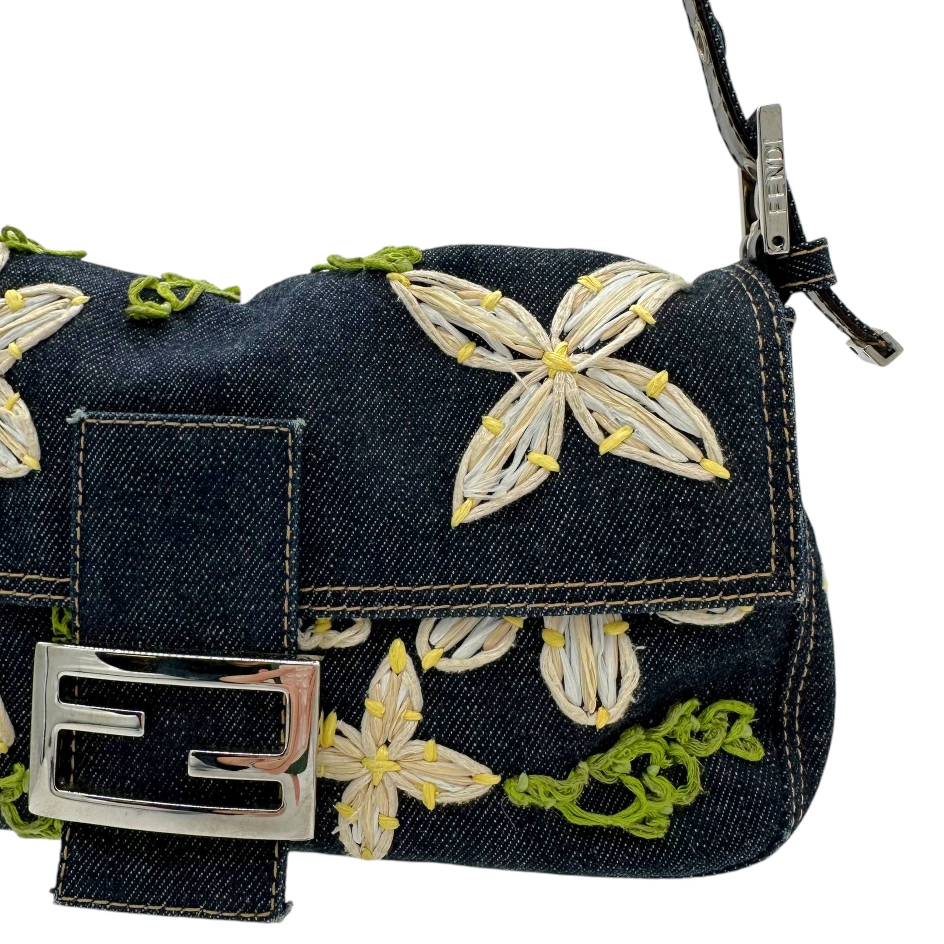 Fendi Raffia Floral Embroidered Denim Baguette Bag - Outfit Repeater