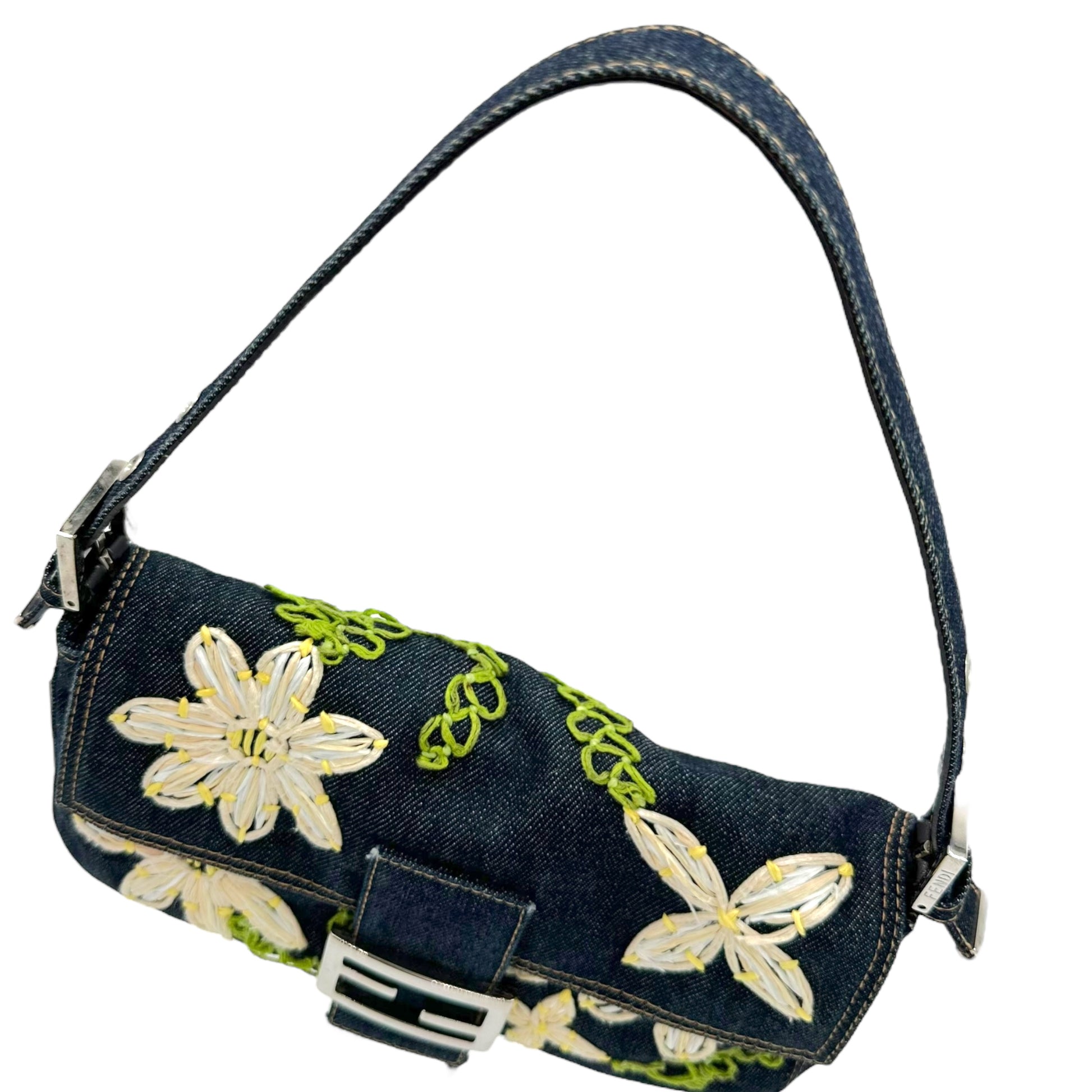 Fendi Raffia Floral Embroidered Denim Baguette Bag - Outfit Repeater