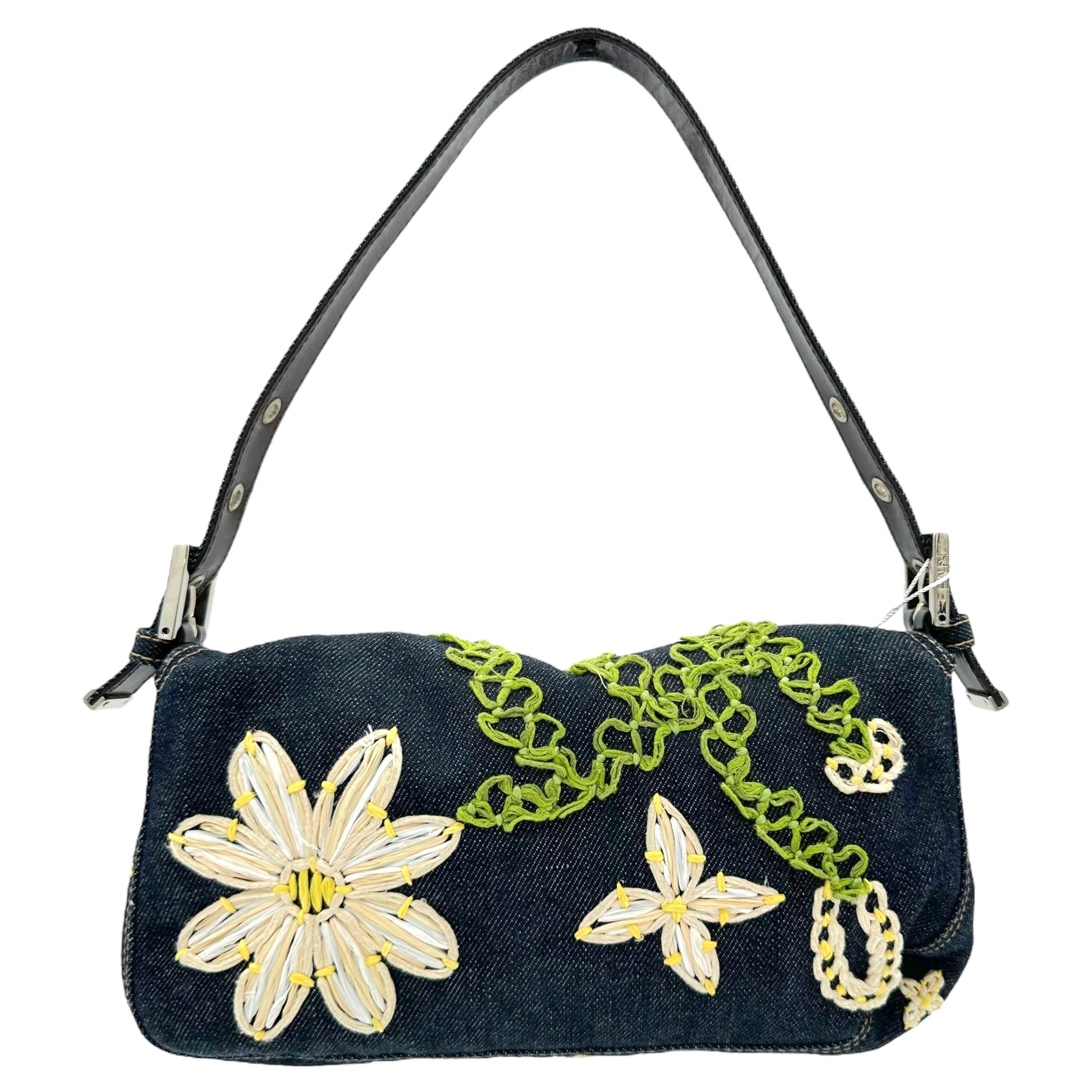 Fendi Raffia Floral Embroidered Denim Baguette Bag - Outfit Repeater