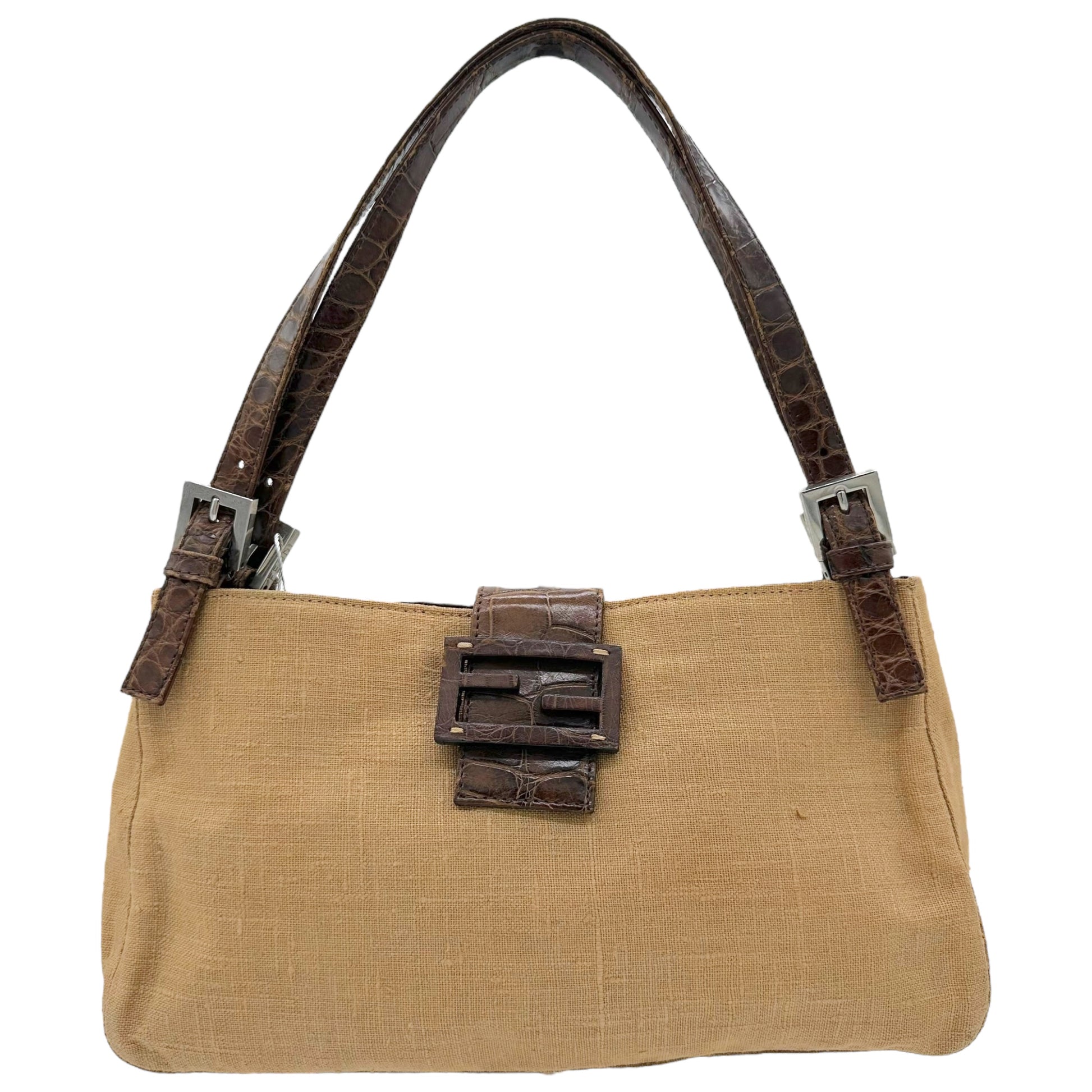 Fendi Tan Woven Cotton & Croc Trim Baguette Bag - Outfit Repeater