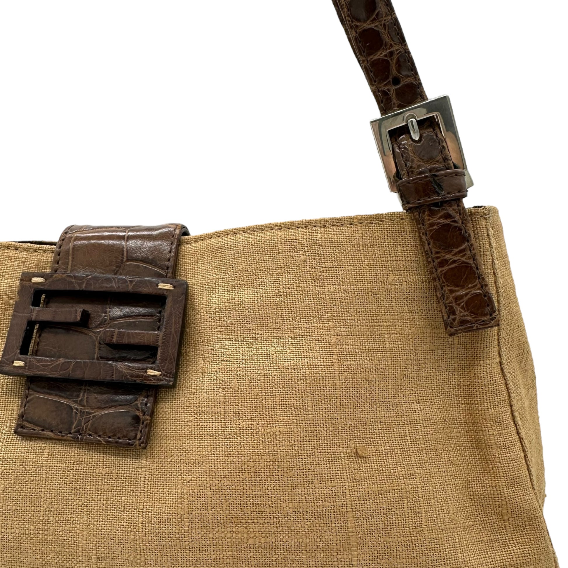 Fendi Tan Woven Cotton & Croc Trim Baguette Bag - Outfit Repeater