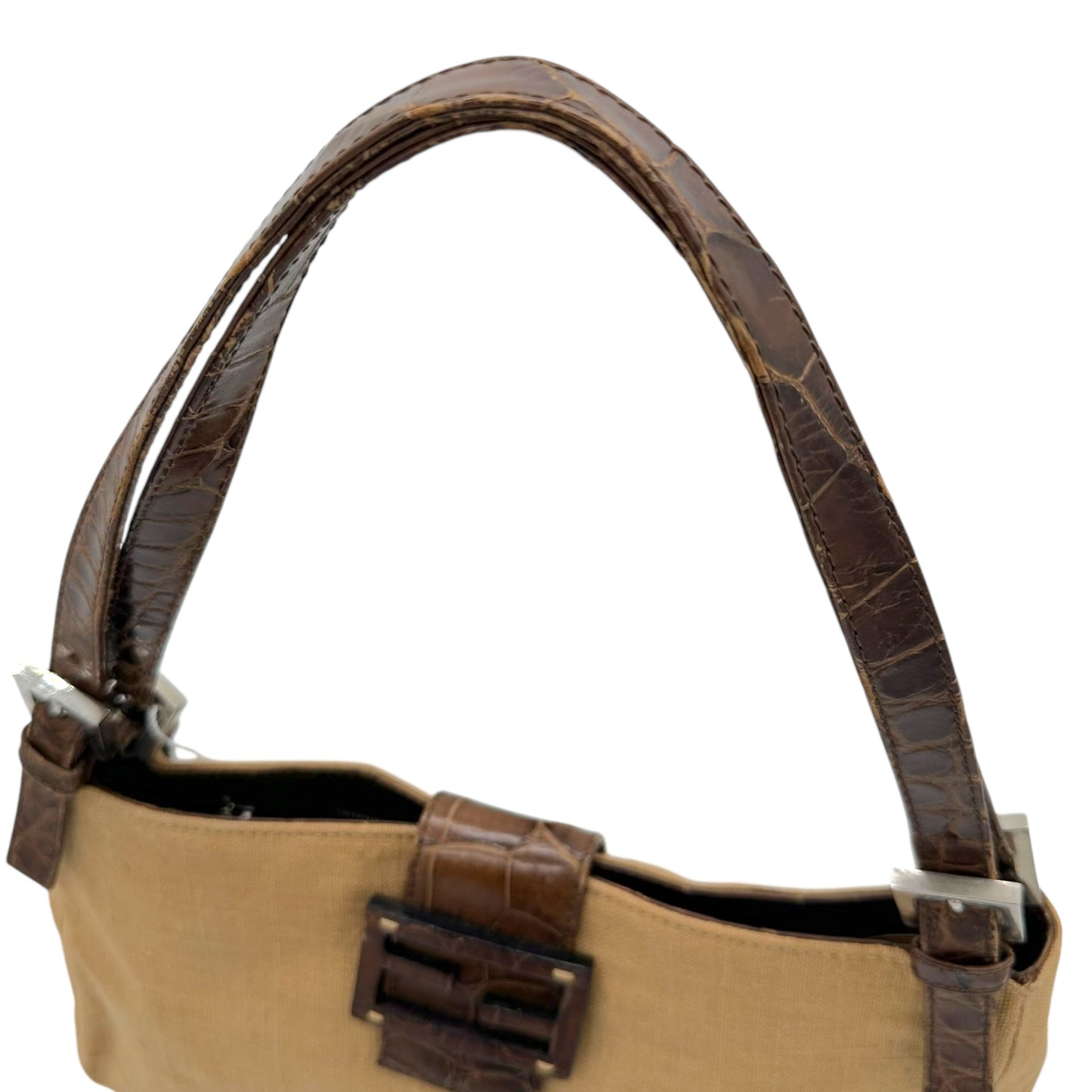 Fendi Tan Woven Cotton & Croc Trim Baguette Bag - Outfit Repeater