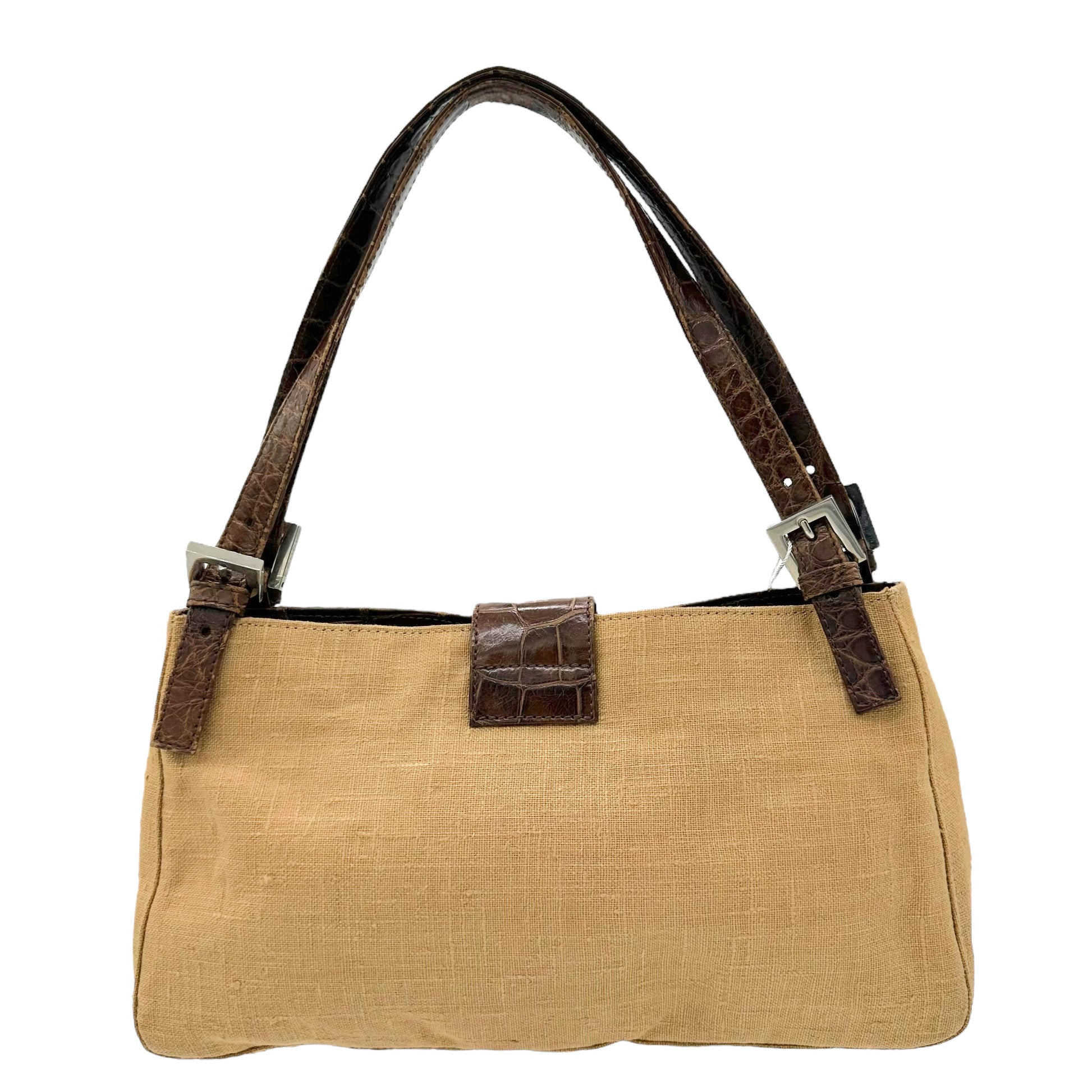 Fendi Tan Woven Cotton & Croc Trim Baguette Bag - Outfit Repeater