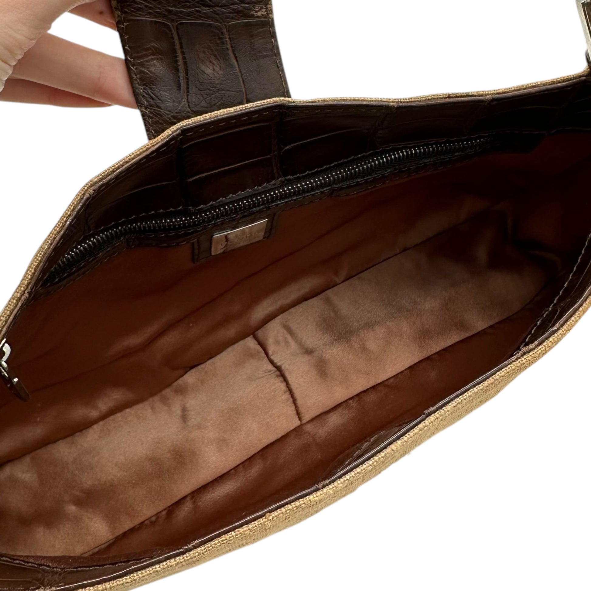 Fendi Tan Woven Cotton & Croc Trim Baguette Bag - Outfit Repeater