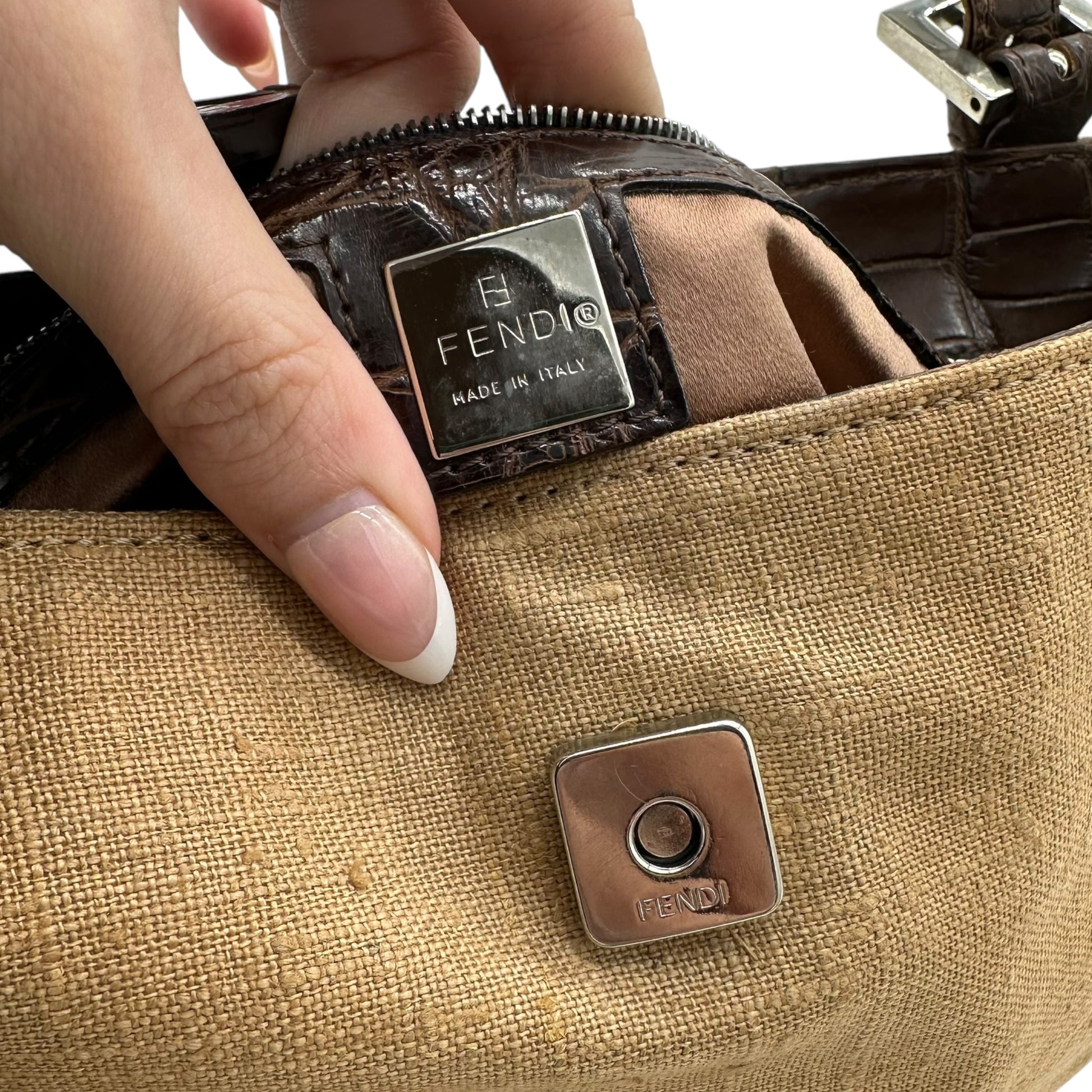 Fendi Tan Woven Cotton & Croc Trim Baguette Bag - Outfit Repeater