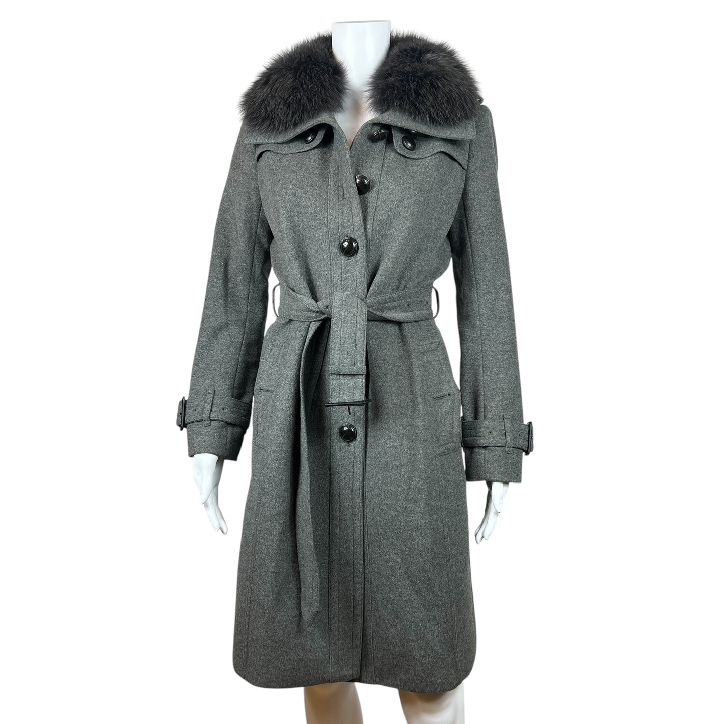 Burberry Gray Cashmere Fur Trim Trench Coat