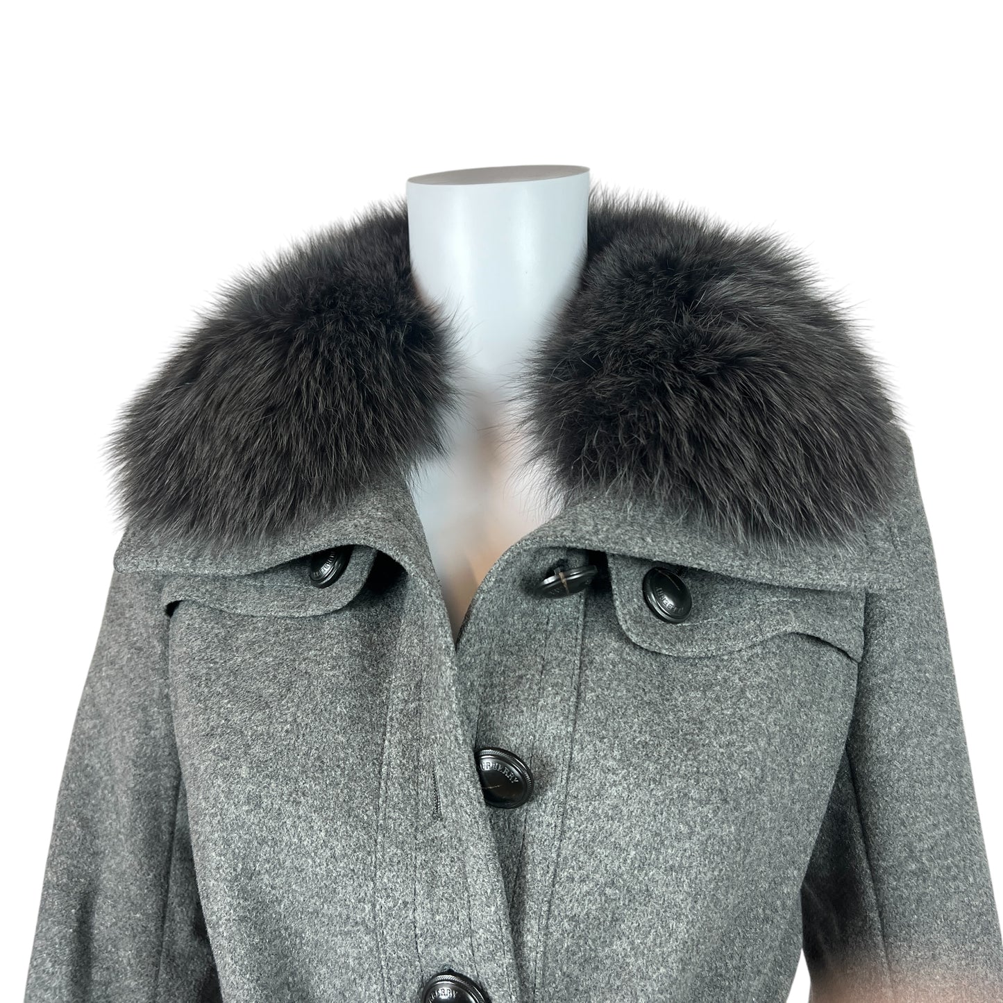 Burberry Gray Cashmere Fur Trim Trench Coat