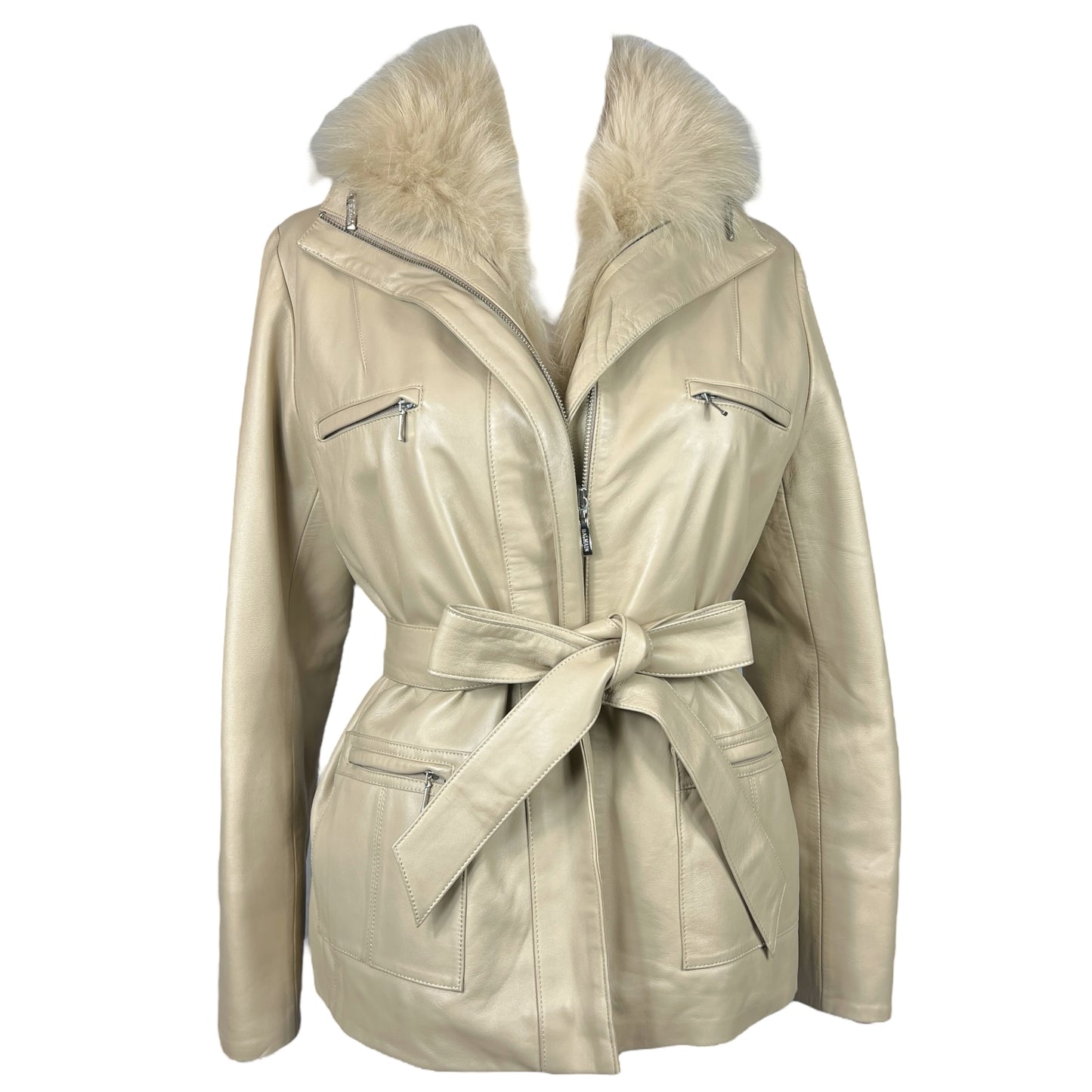 Balmain Beige Leather Fur Trim Jacket