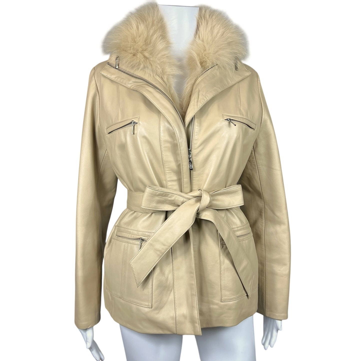 Balmain Beige Leather Fur Trim Jacket