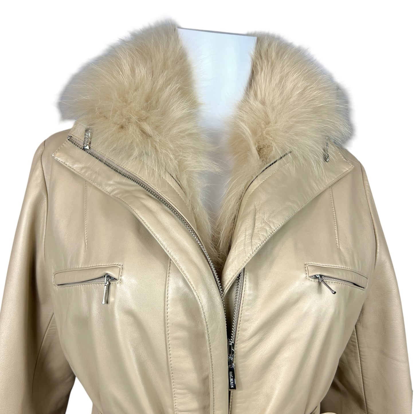 Balmain Beige Leather Fur Trim Jacket