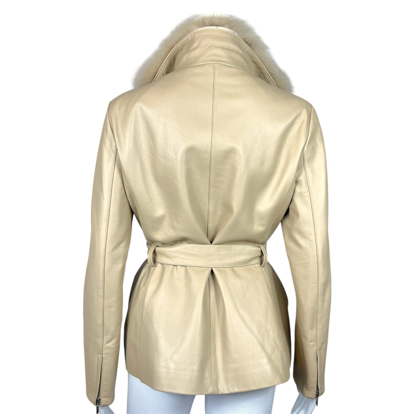 Balmain Beige Leather Fur Trim Jacket