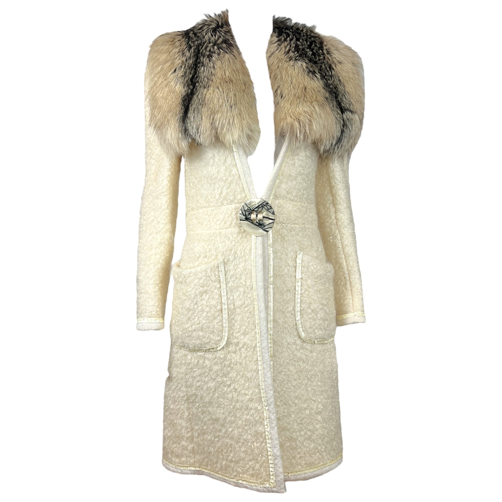 Dolce & Gabbana Ivory Knit Coat With Fox Fur Collar