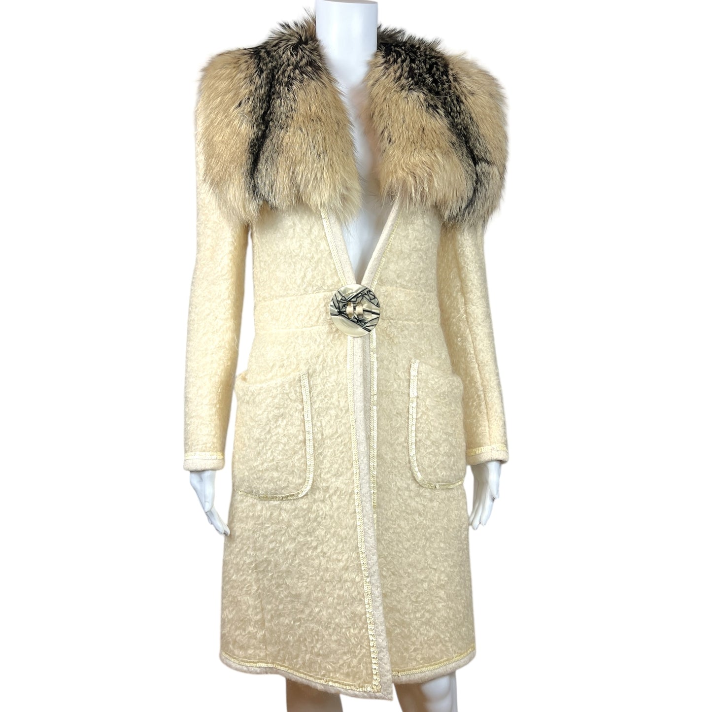 Dolce & Gabbana Ivory Knit Coat With Fox Fur Collar