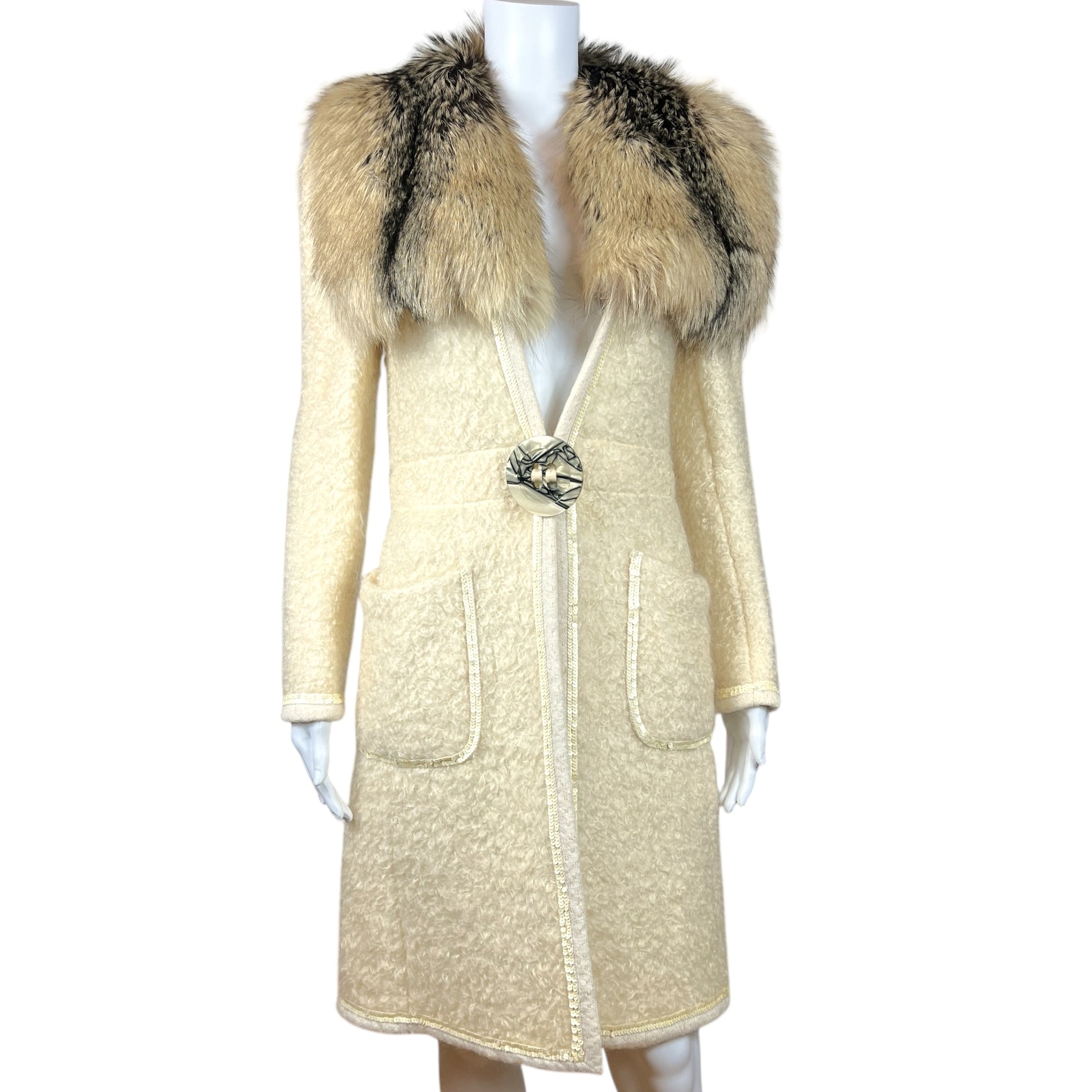 Dolce & Gabbana Ivory Knit Coat With Fox Fur Collar