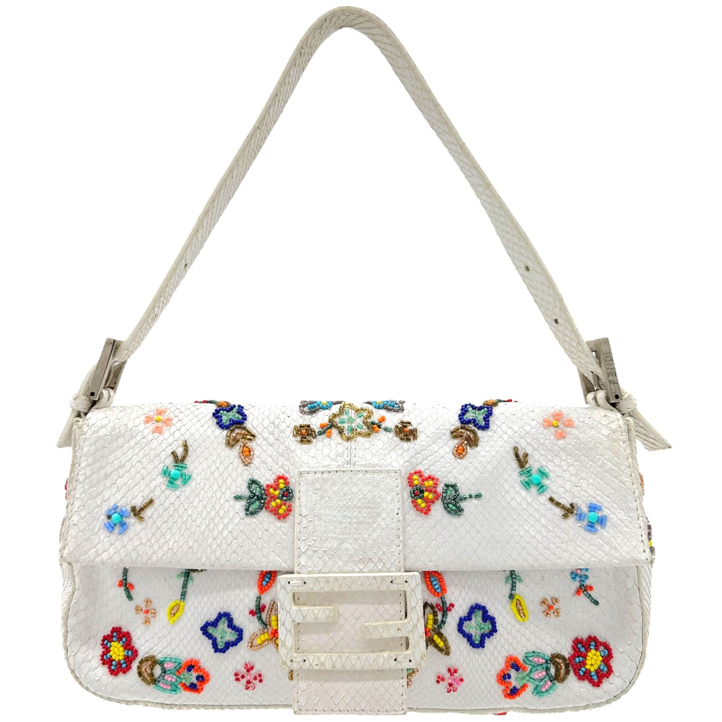 Fendi White Python Floral Beaded Baguette Bag - Outfit Repeater