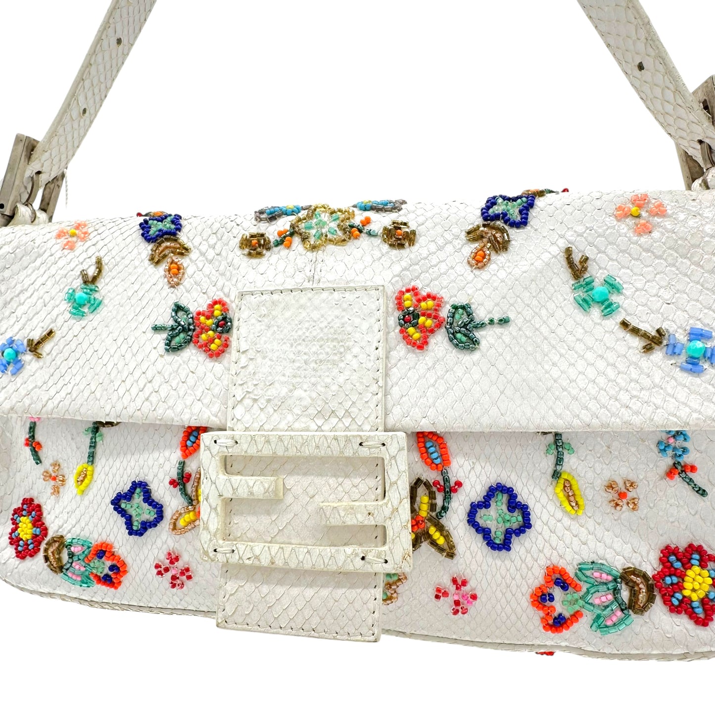 Fendi White Python Floral Beaded Baguette Bag - Outfit Repeater
