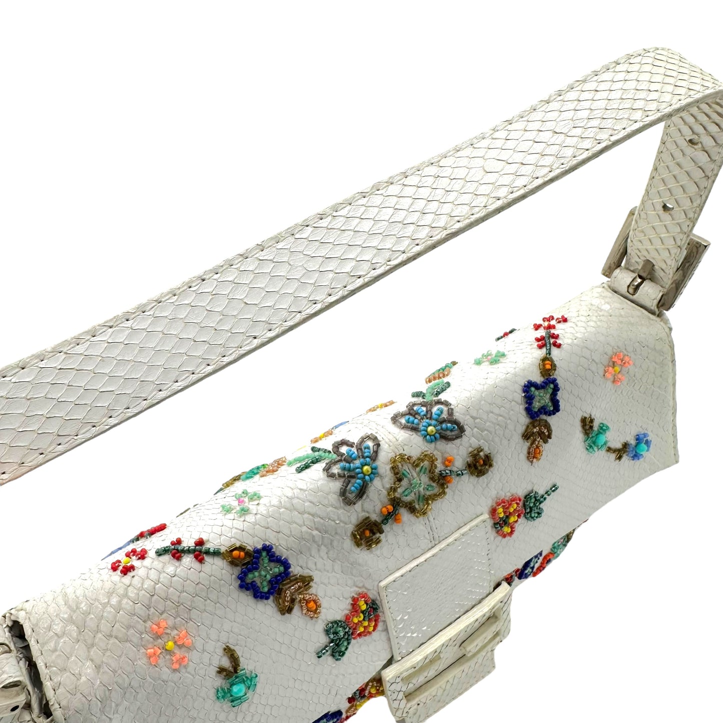 Fendi White Python Floral Beaded Baguette Bag - Outfit Repeater