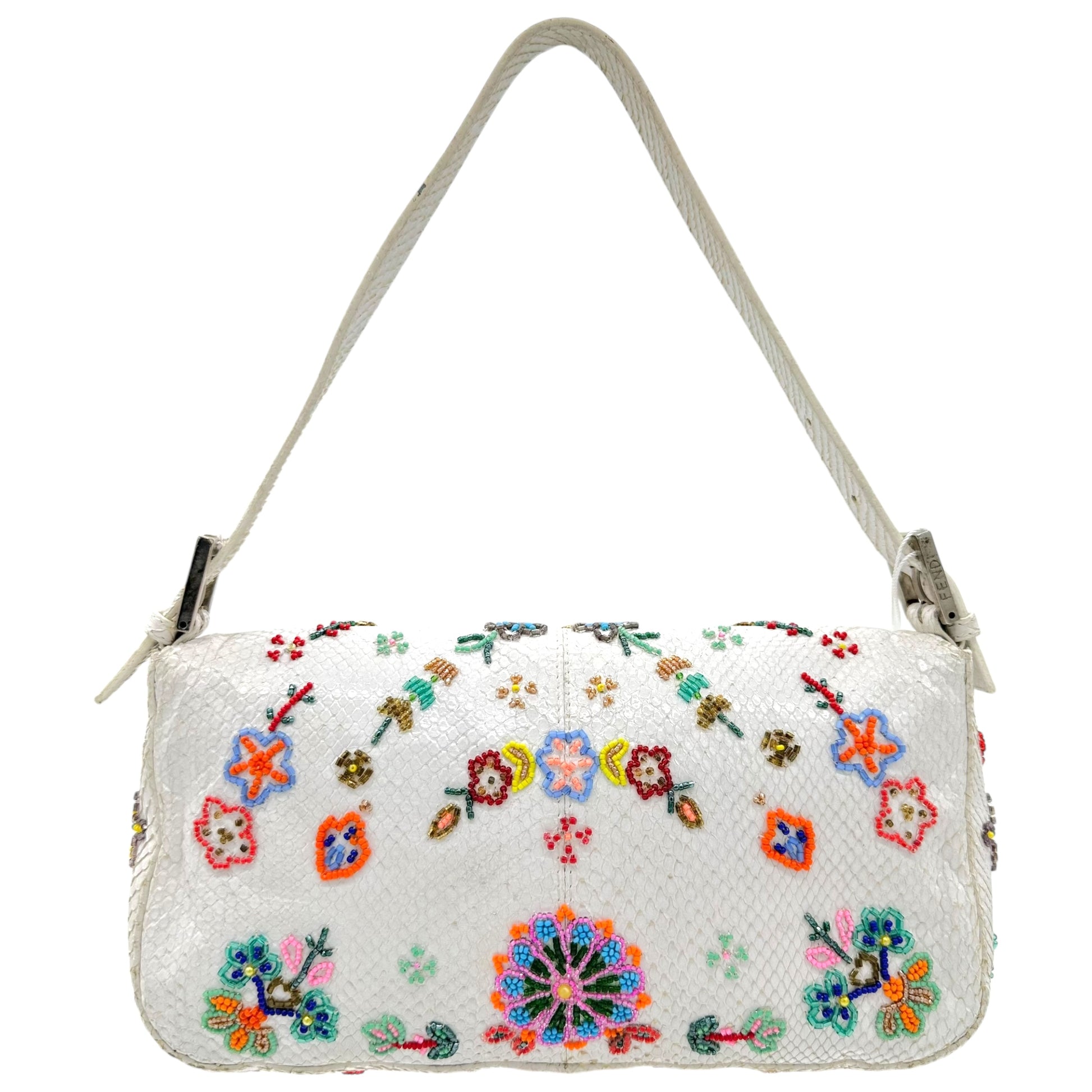 Fendi White Python Floral Beaded Baguette Bag - Outfit Repeater