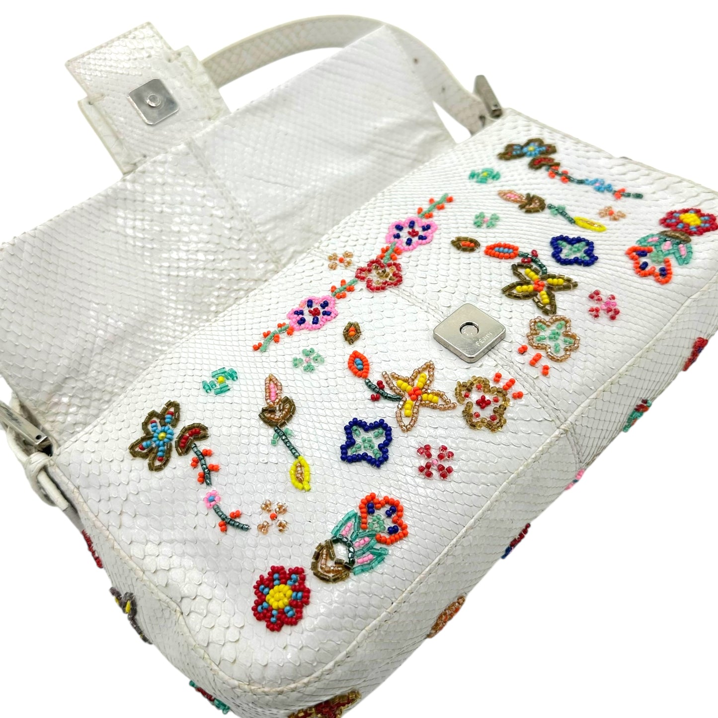 Fendi White Python Floral Beaded Baguette Bag - Outfit Repeater