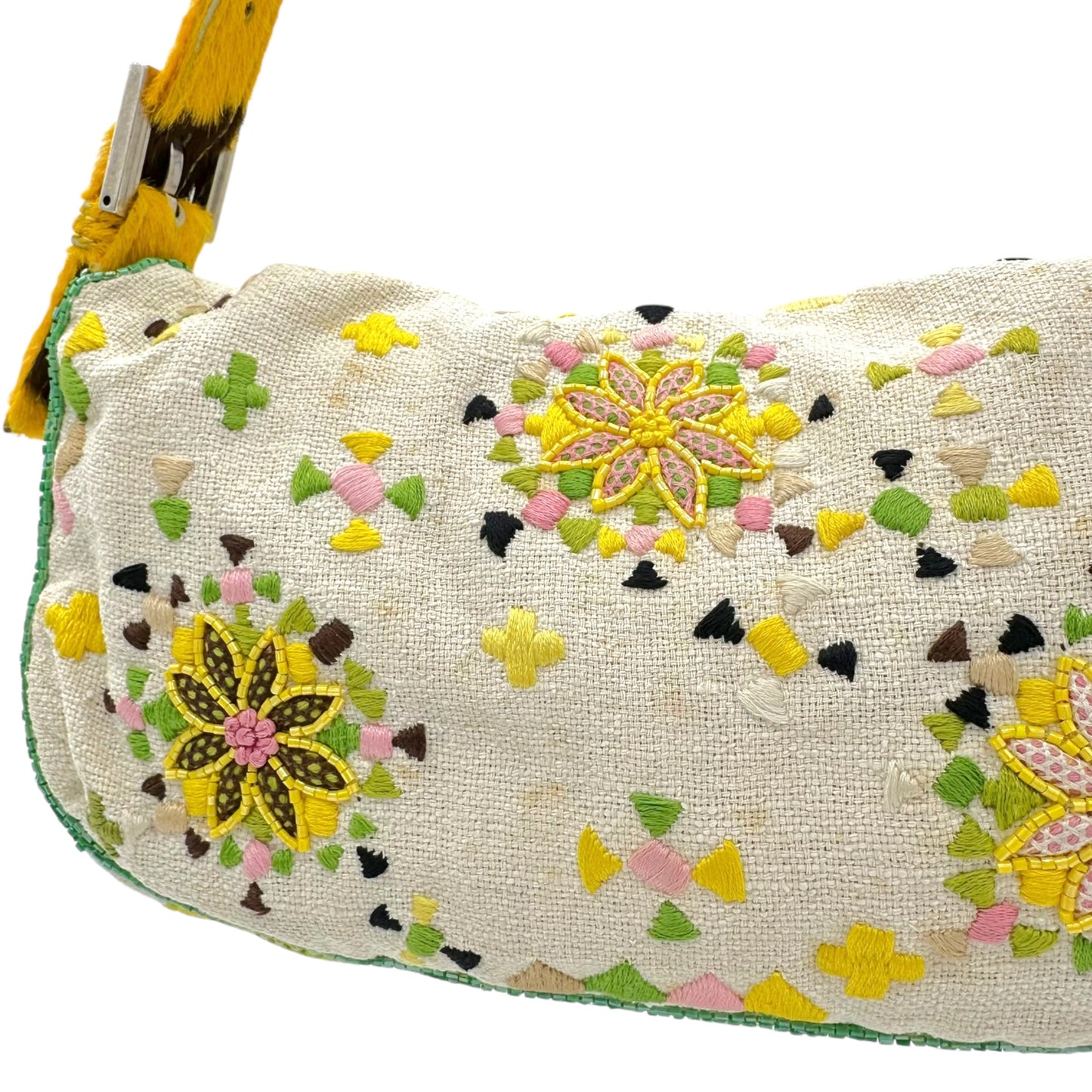 Fendi Embroidered & Beaded Ponyhair Trim Baguette Bag RARE