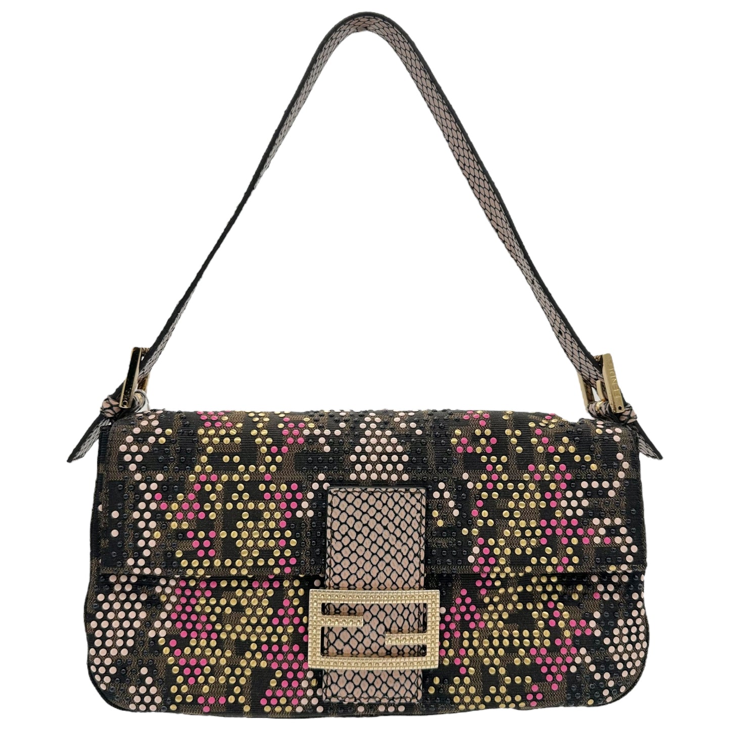 Fendi Pink Python Trim Studded Zucca Baguette Bag