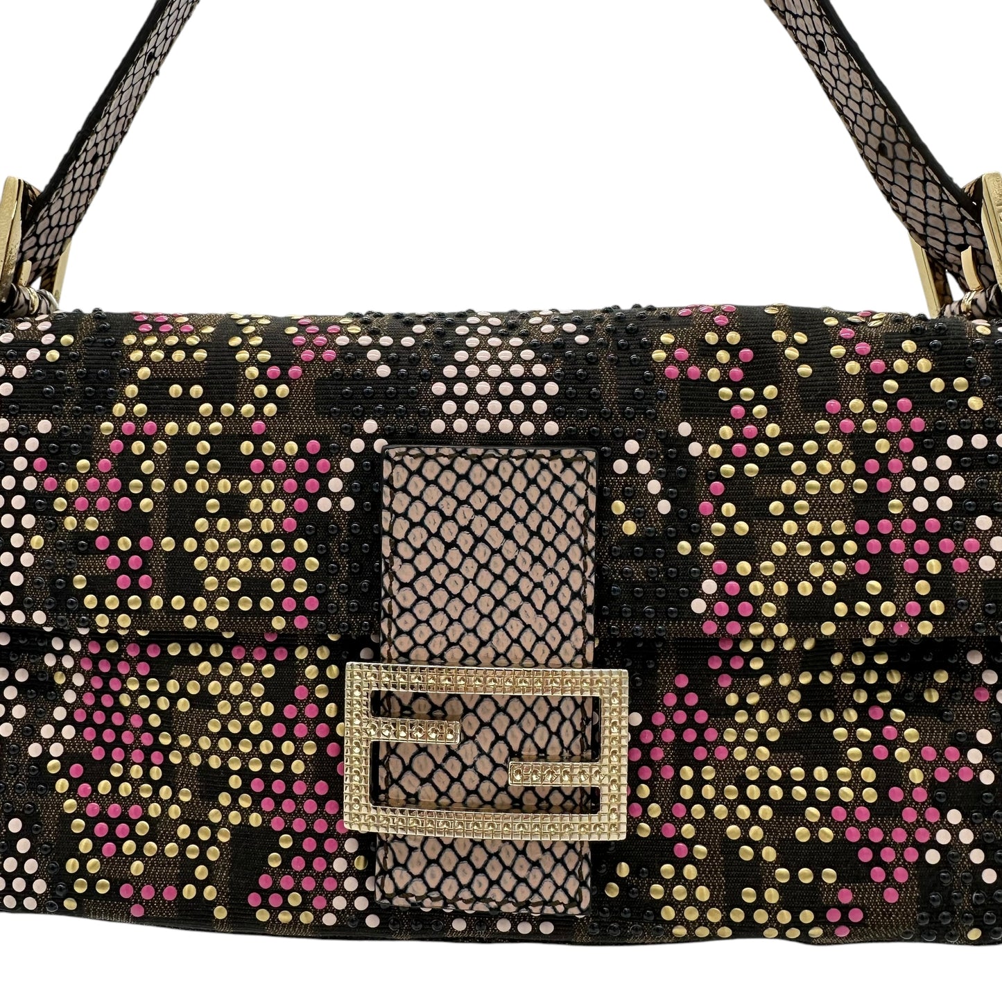 Fendi Pink Python Trim Studded Zucca Baguette Bag