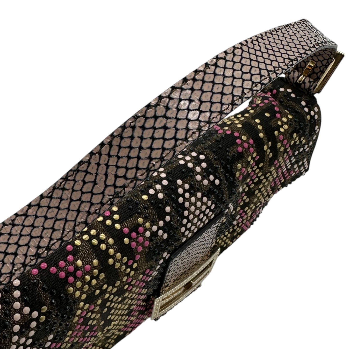 Fendi Pink Python Trim Studded Zucca Baguette Bag