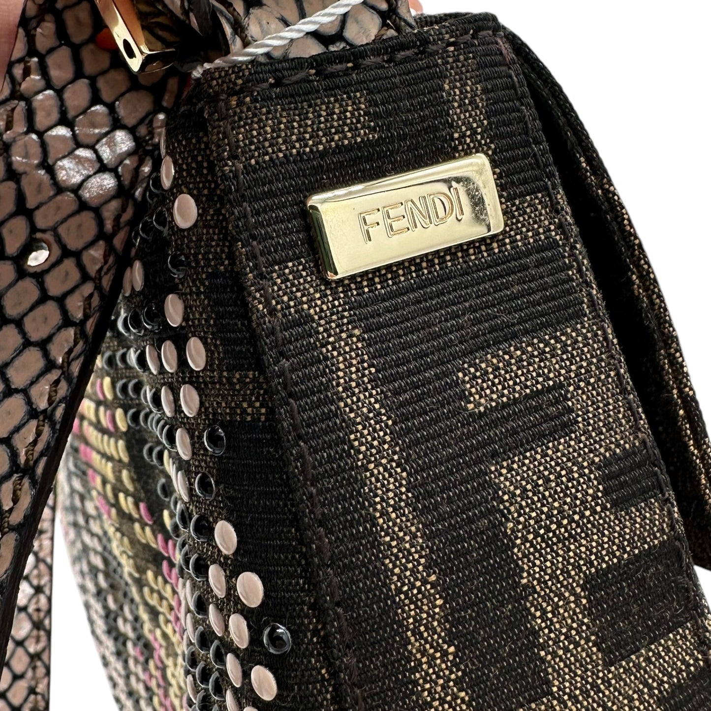 Fendi Pink Python Trim Studded Zucca Baguette Bag