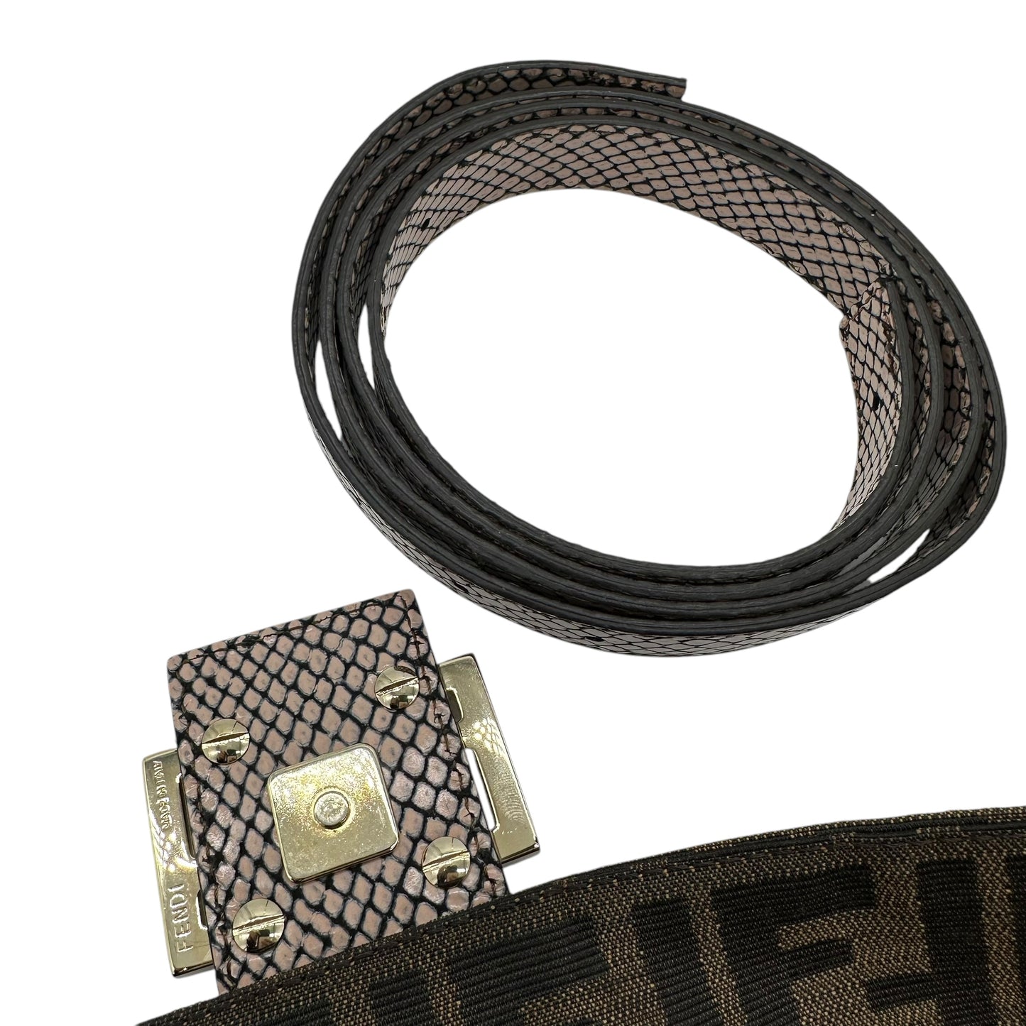 Fendi Pink Python Trim Studded Zucca Baguette Bag
